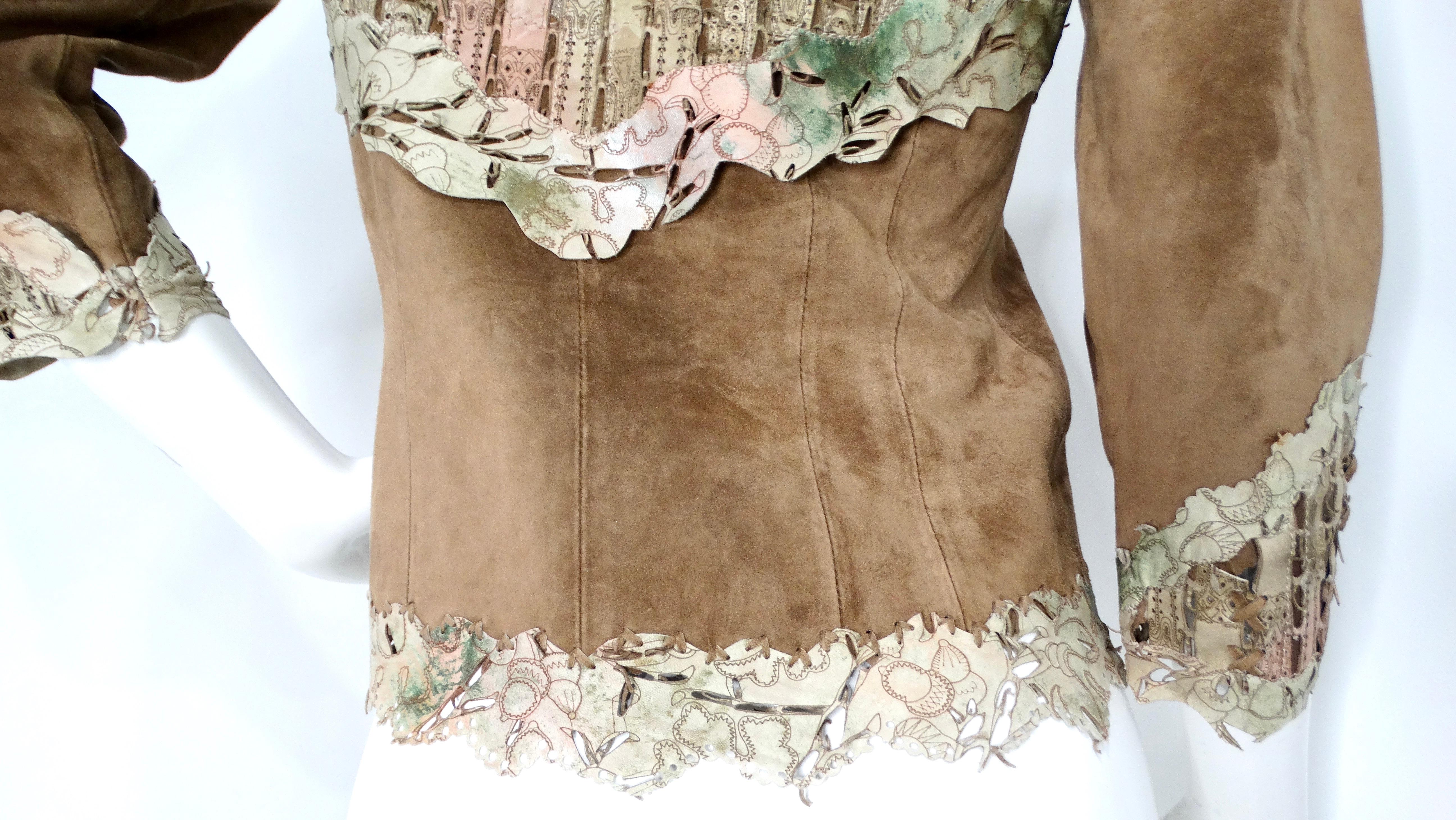 1990 - Veste en daim et cuir découpé Brown en vente 1