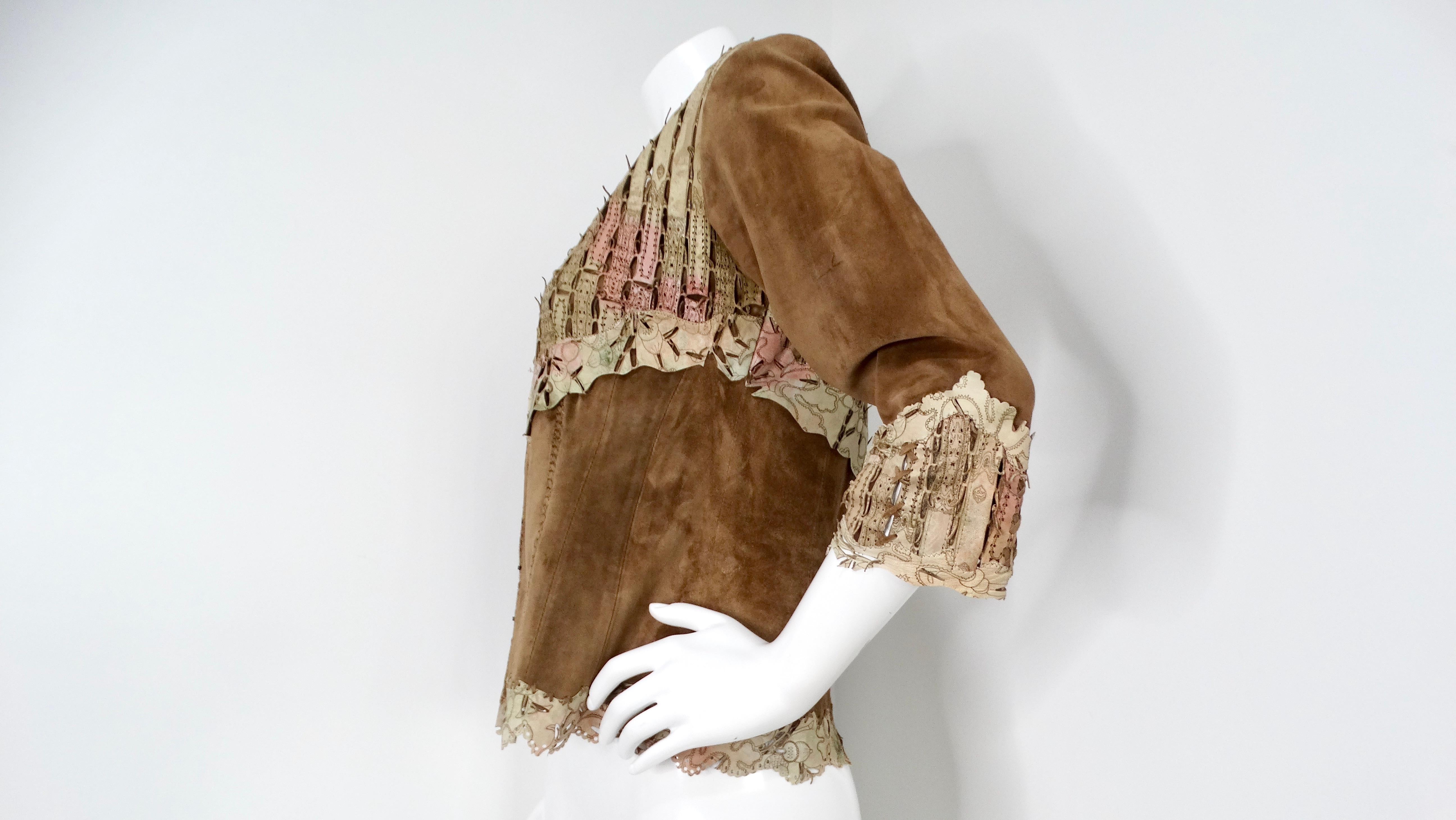 1990 - Veste en daim et cuir découpé Brown en vente 3