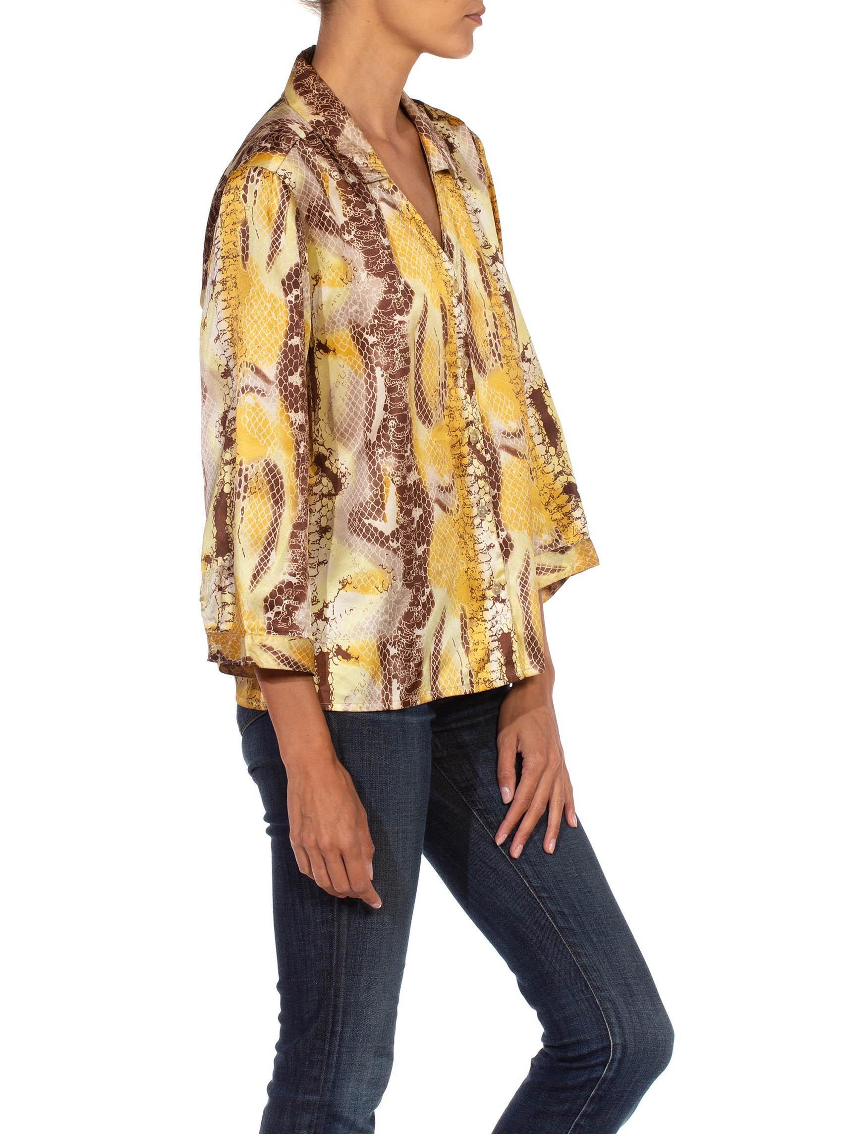 1990S Brown & Yellow Snake Print Poly Blend Button Up Blouse In Excellent Condition For Sale In New York, NY