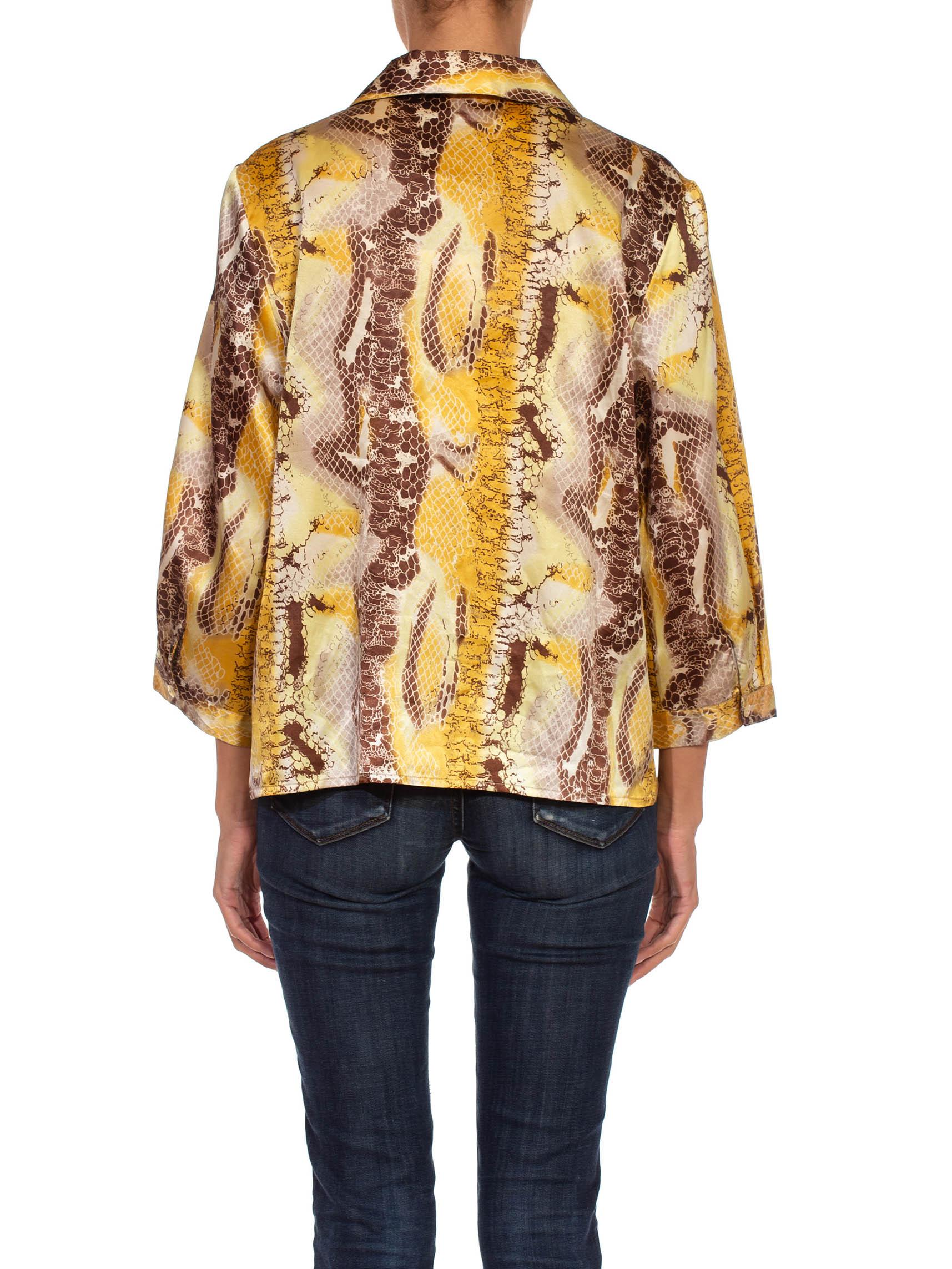 Women's 1990S Brown & Yellow Snake Print Poly Blend Button Up Blouse For Sale
