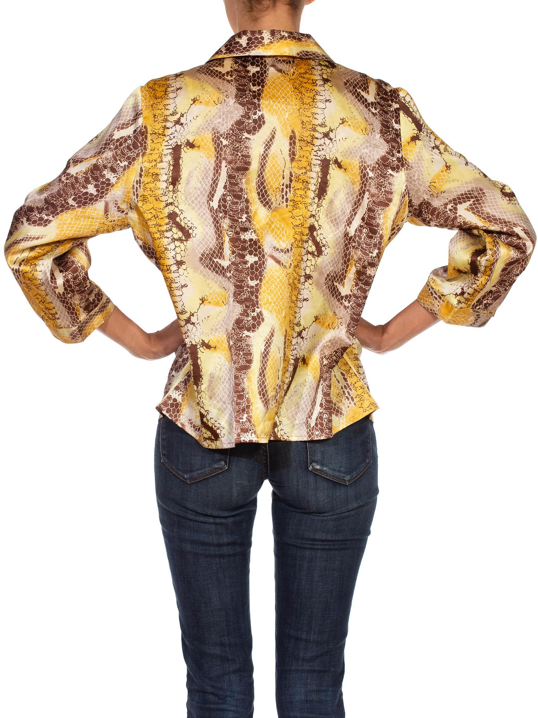 1990S Brown & Yellow Snake Print Poly Blend Button Up Blouse For Sale 1