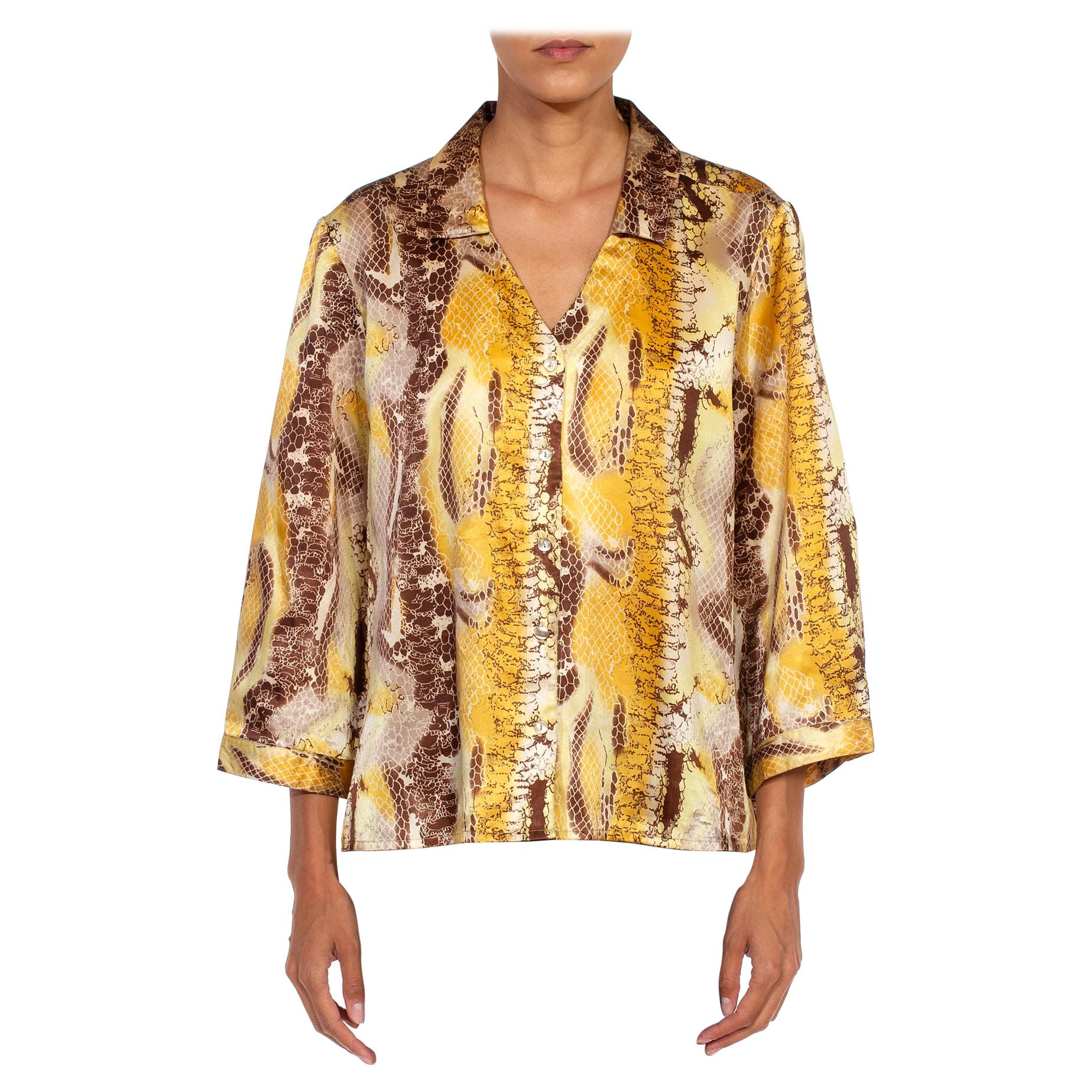 1990S Brown & Yellow Snake Print Poly Blend Button Up Blouse For Sale