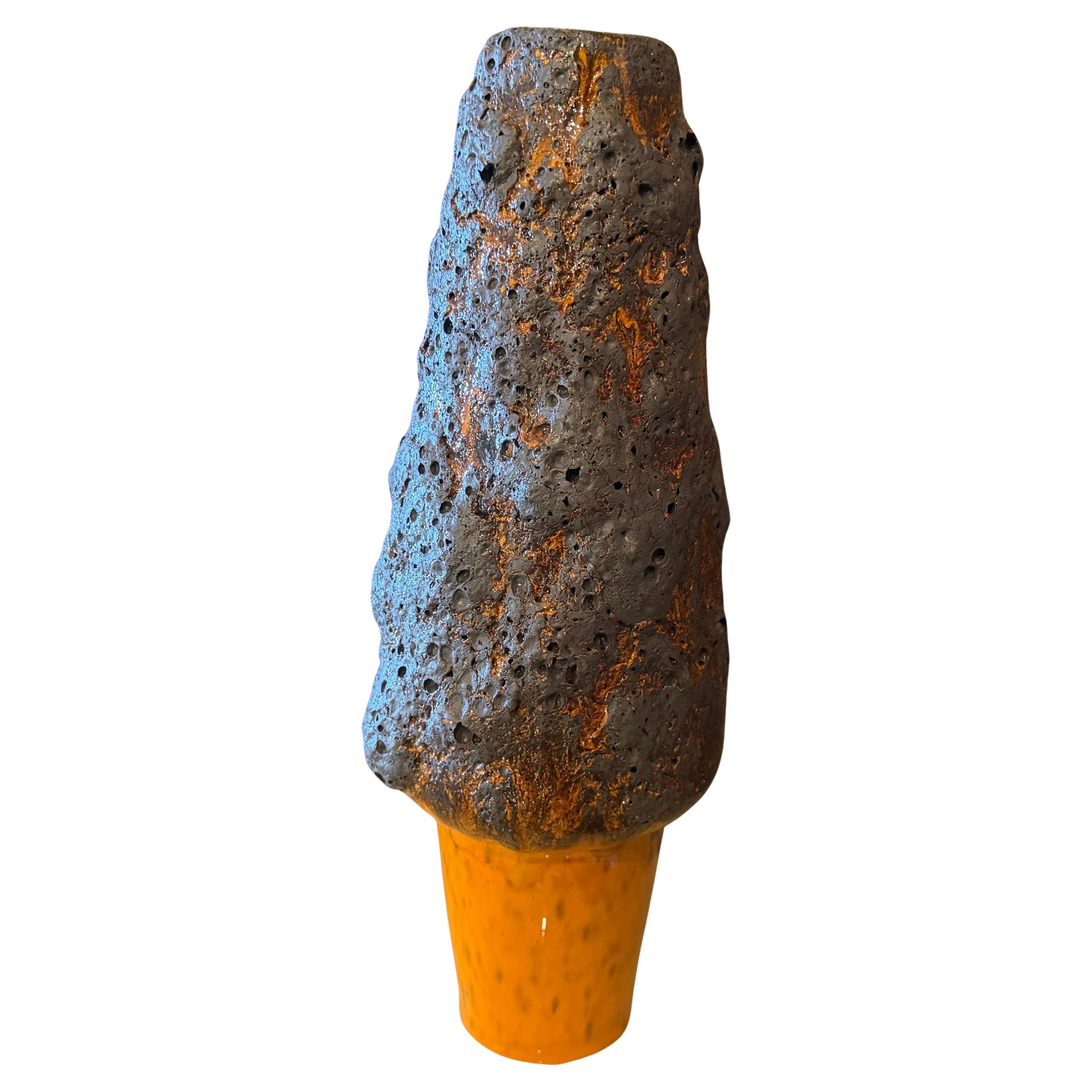 1990s Brutalist Orange and Gray Fat Lava Ceramic German Vase For Sale
