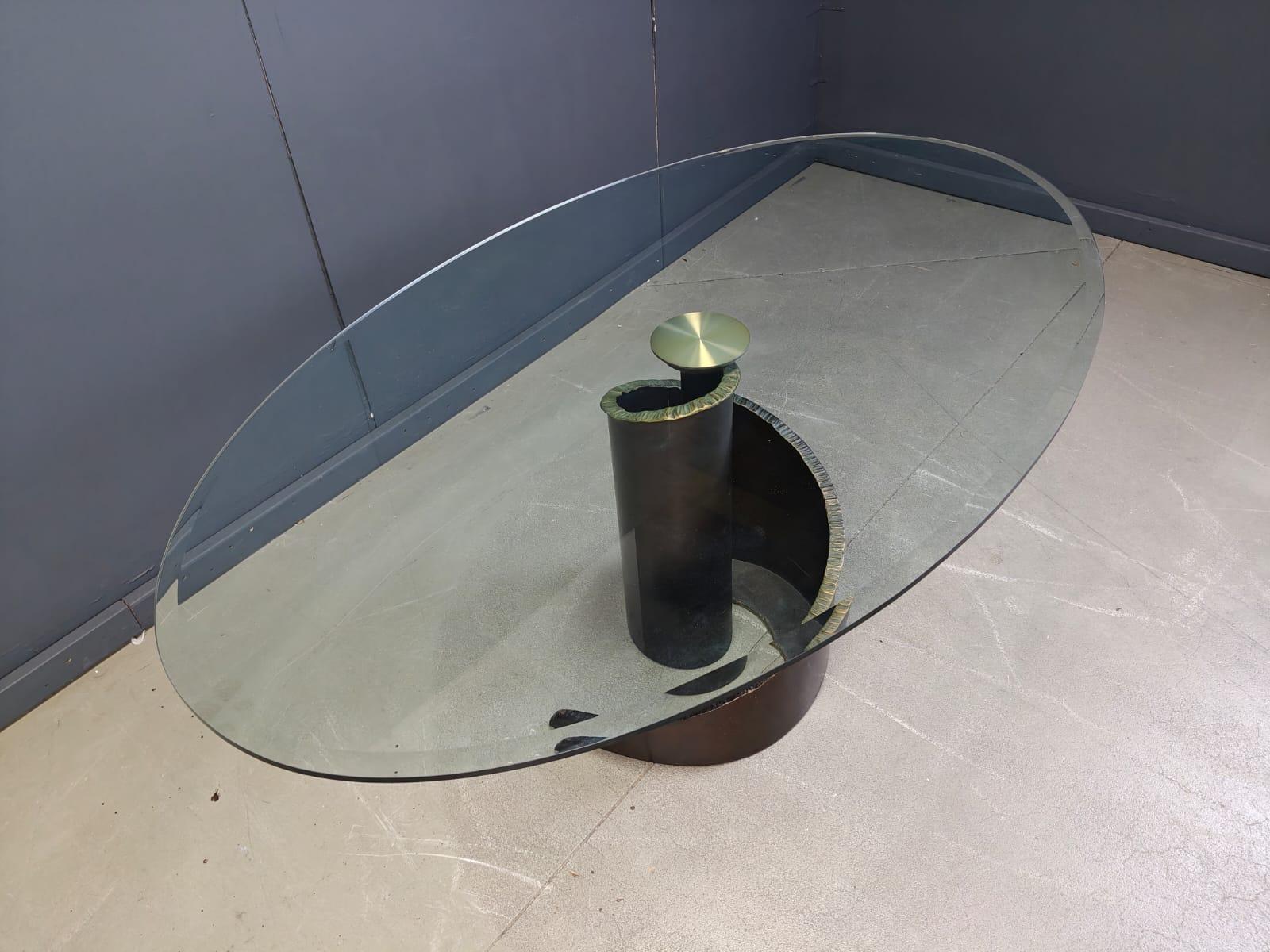 1990 Table de salle à manger en verre et bronze de style Brutaliste par Barilone pour Roche Bobois Bon état - En vente à Leuven, Vlaams Gewest