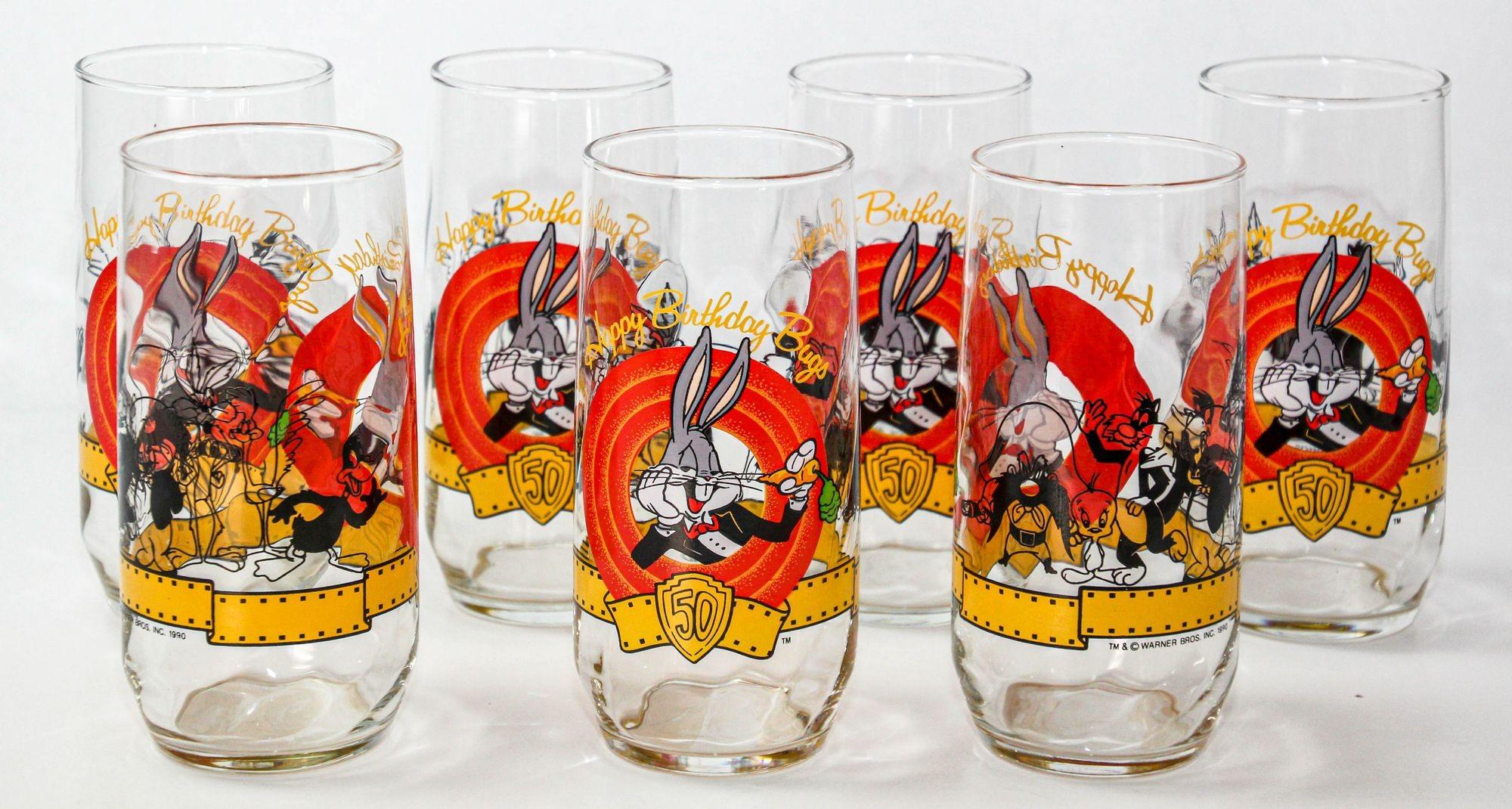 1990s Bugs Bunny Happy 50th Birthday Collectible Drinking Glasses Warner Bros For Sale 1