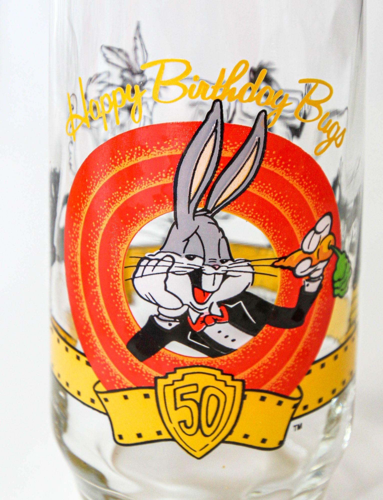 American 1990s Bugs Bunny Happy 50th Birthday Collectible Drinking Glasses Warner Bros For Sale