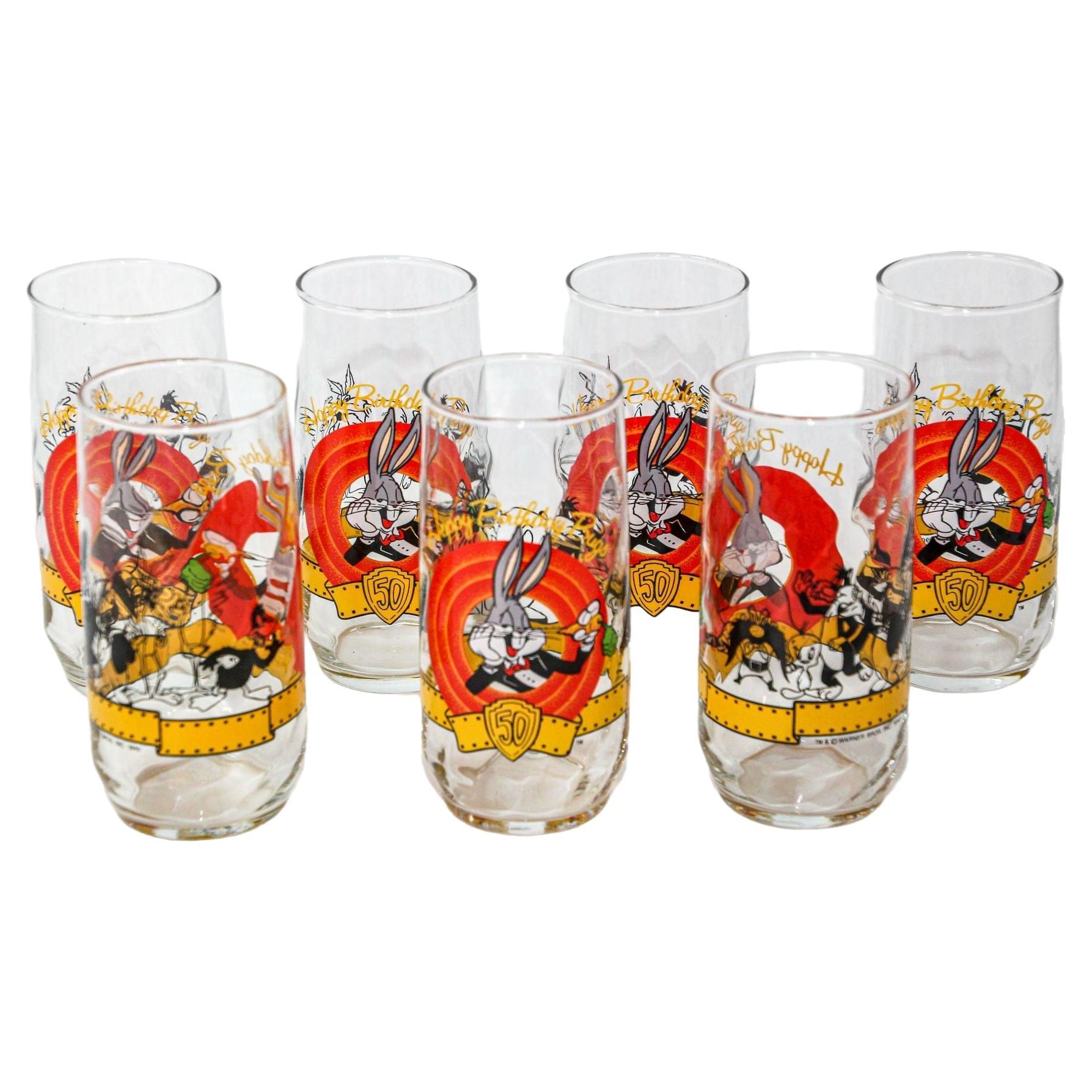 1990s Bugs Bunny Happy 50th Birthday Collectible Drinking Glasses Warner Bros For Sale