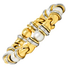 1990's Bulgari Cultured Pearl 18 Karat Gold Stainless Steel Gancio Italian Link