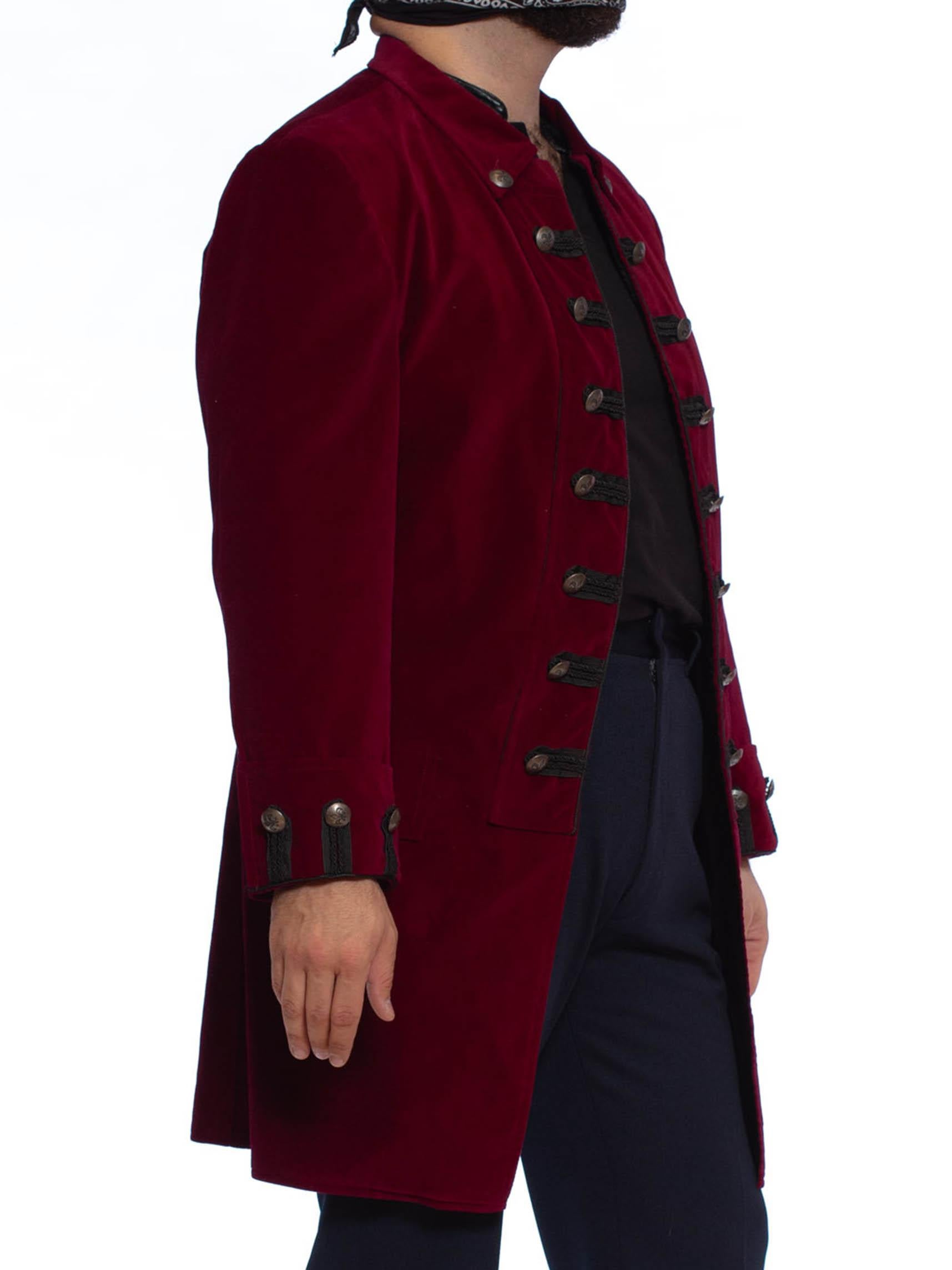 1990S Burgundy Cotton Velvet Men's 18Th Century Style Frock Coat With Black Bra In Excellent Condition In New York, NY