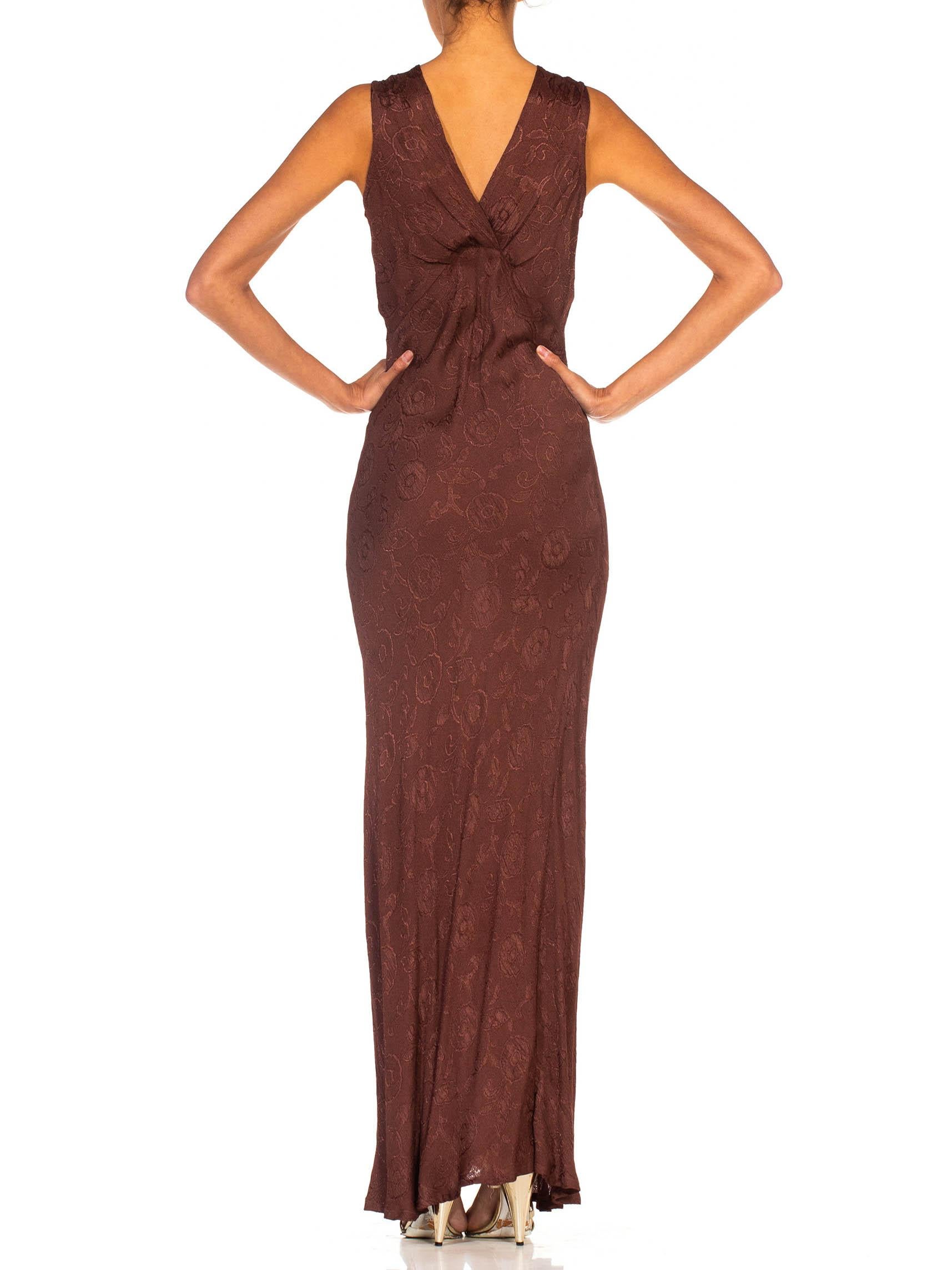 Brown 1990S Burnt Sienna Bias Cut Rayon Jacquard 1930S Style Slip Dress For Sale