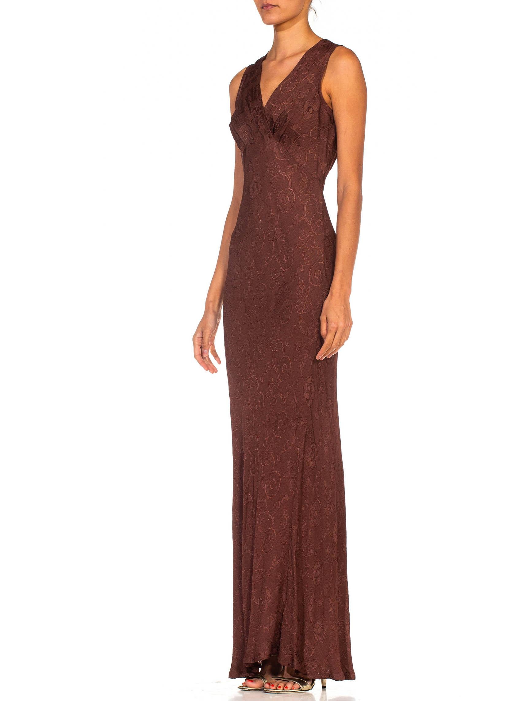 1990S Burnt Sienna Bias Cut Rayon Jacquard 1930S Style Slip Dress In Excellent Condition For Sale In New York, NY