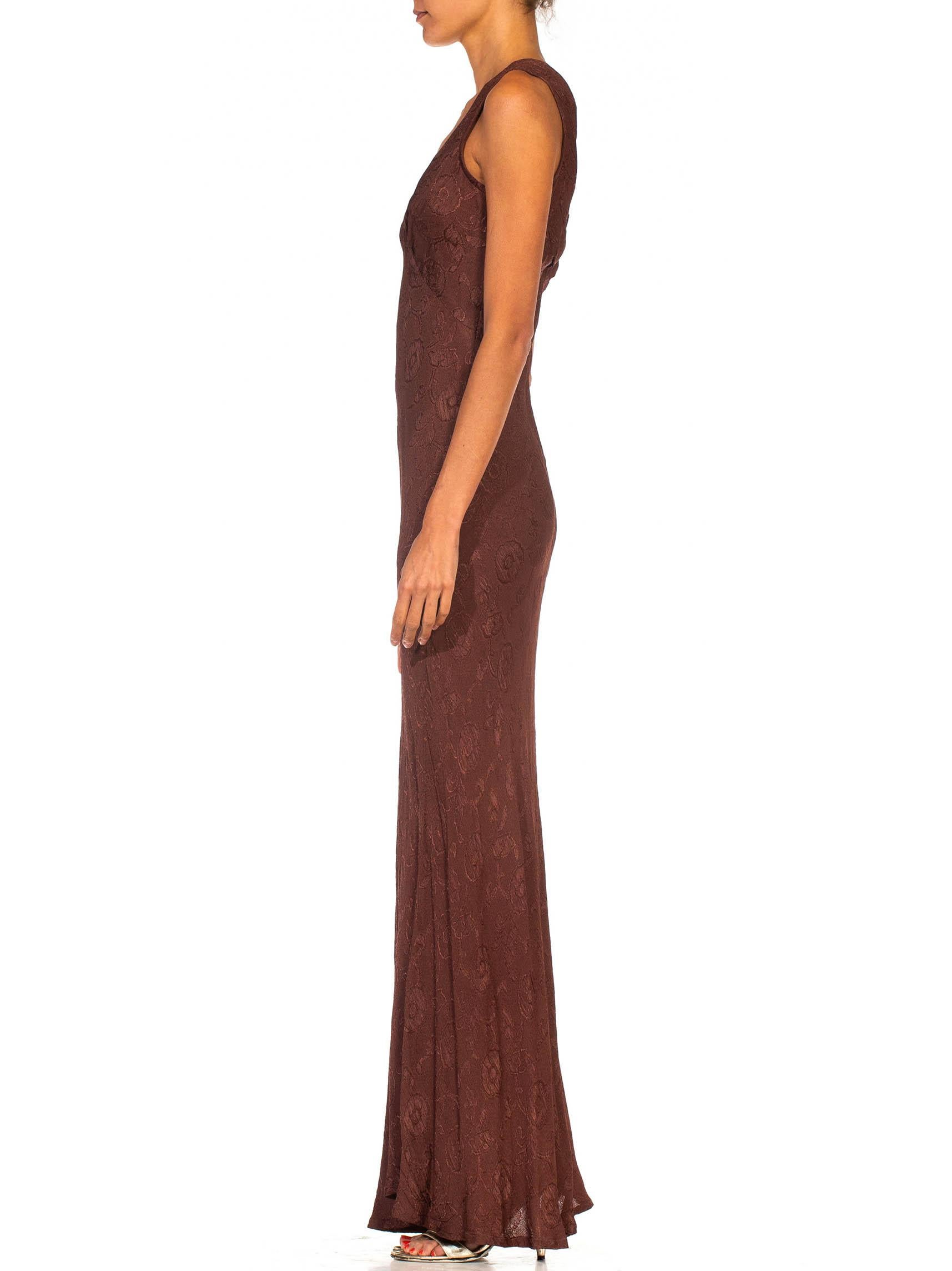 Women's 1990S Burnt Sienna Bias Cut Rayon Jacquard 1930S Style Slip Dress