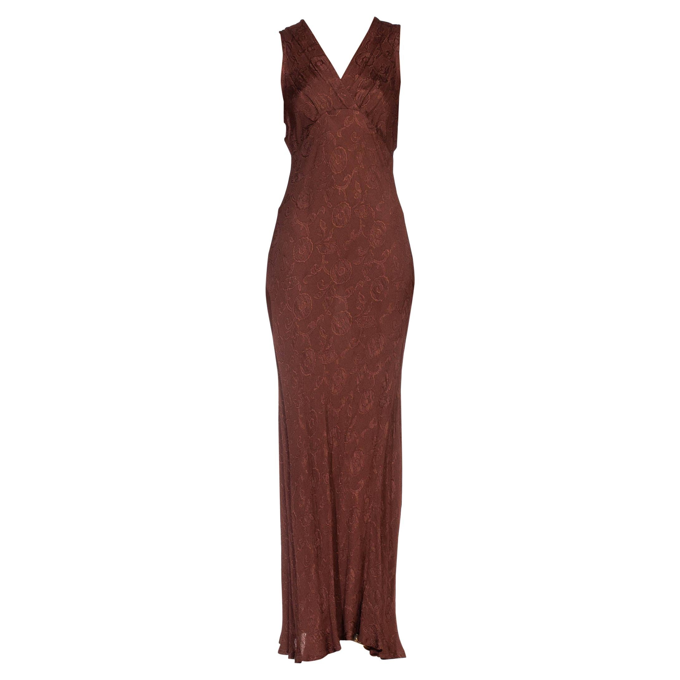 1990S Burnt Sienna Bias Cut Rayon Jacquard 1930S Style Slip Dress For Sale