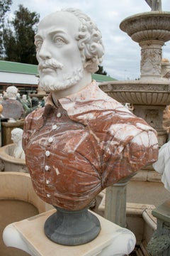 1990s Bust of Roman General Hand Carved in Carrara White and Alicante Red Marble