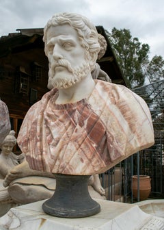 1990s Bust of Roman General Hand Carved in Carrara White and Alicante Red Marble