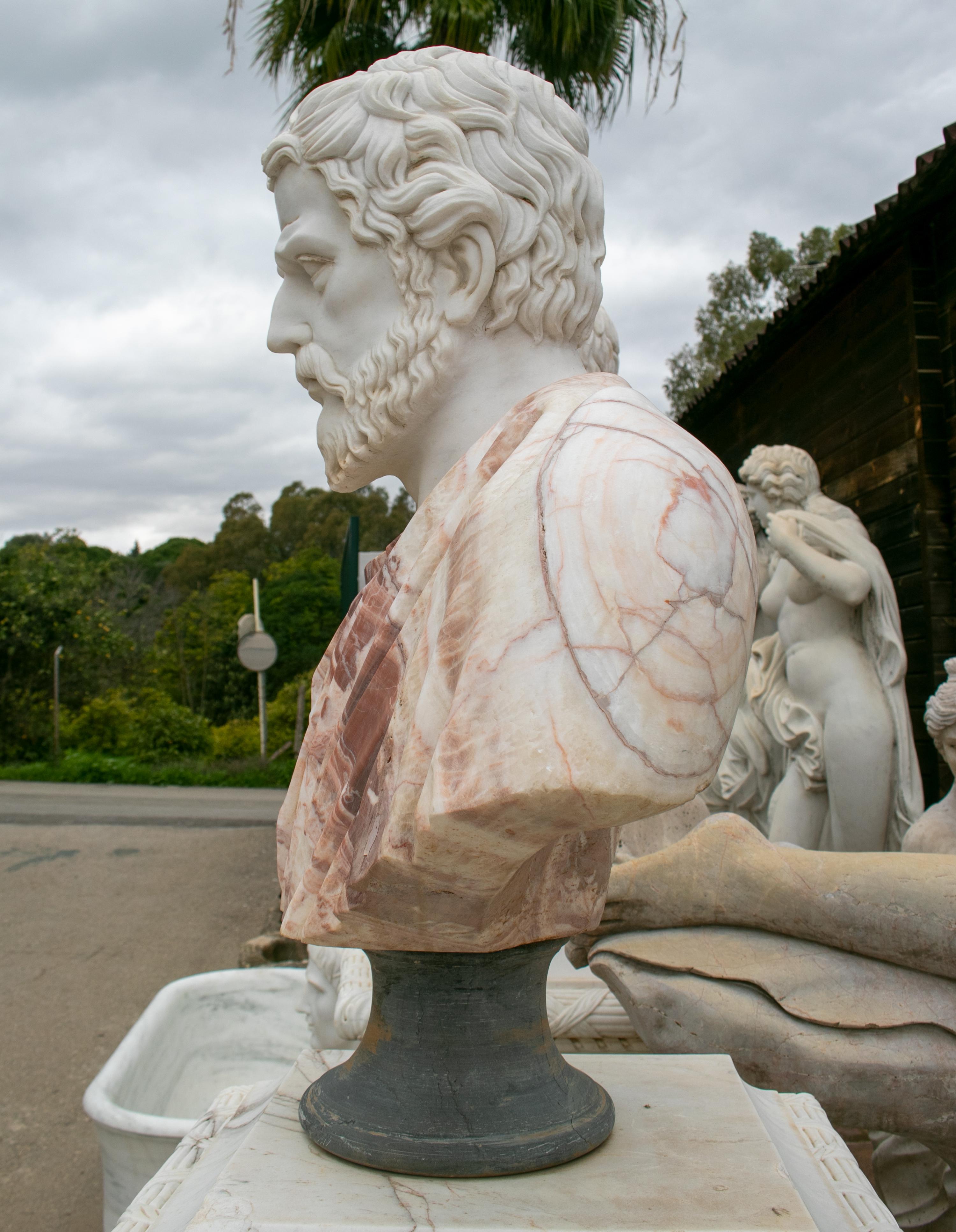 Classical Roman 1990s Bust of Roman General Hand Carved in Carrara White and Alicante Red Marble