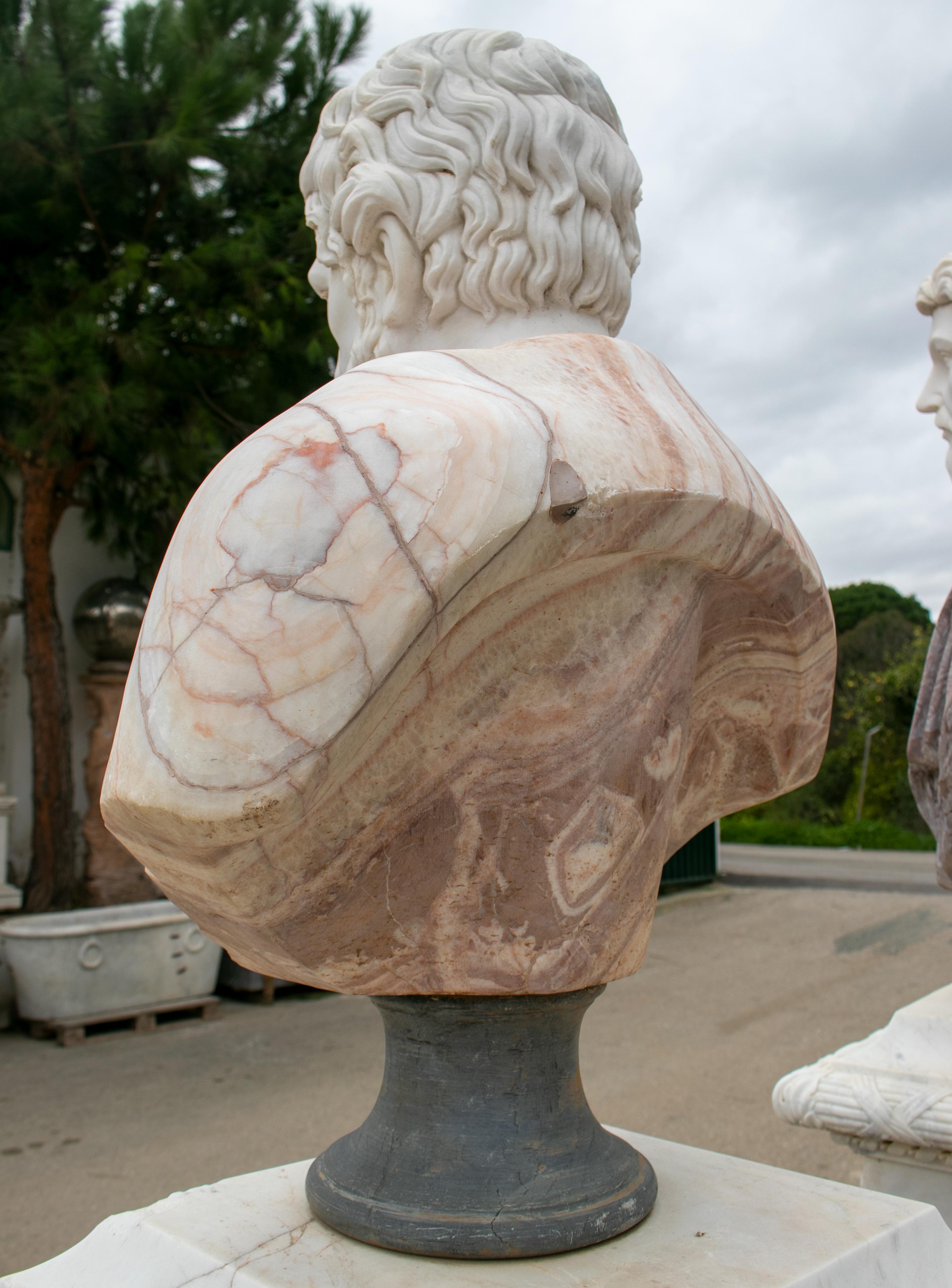 Italian 1990s Bust of Roman General Hand Carved in Carrara White and Alicante Red Marble