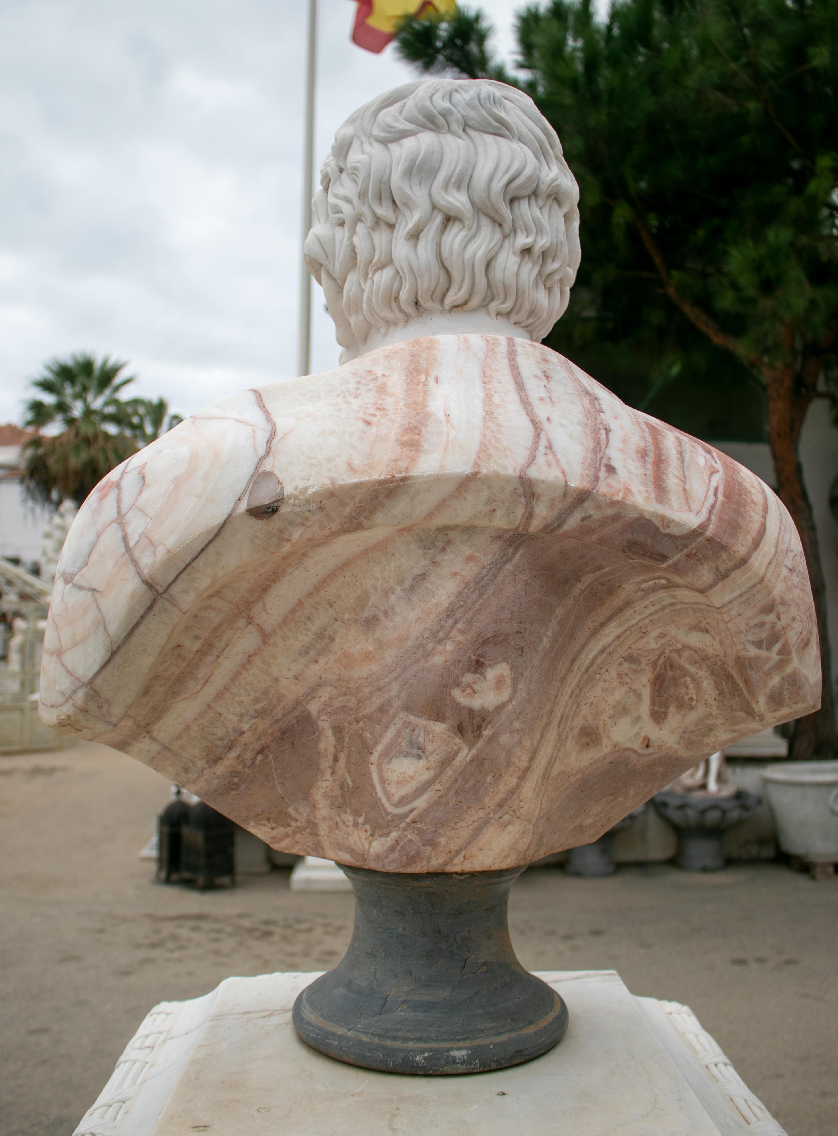 Hand-Carved 1990s Bust of Roman General Hand Carved in Carrara White and Alicante Red Marble