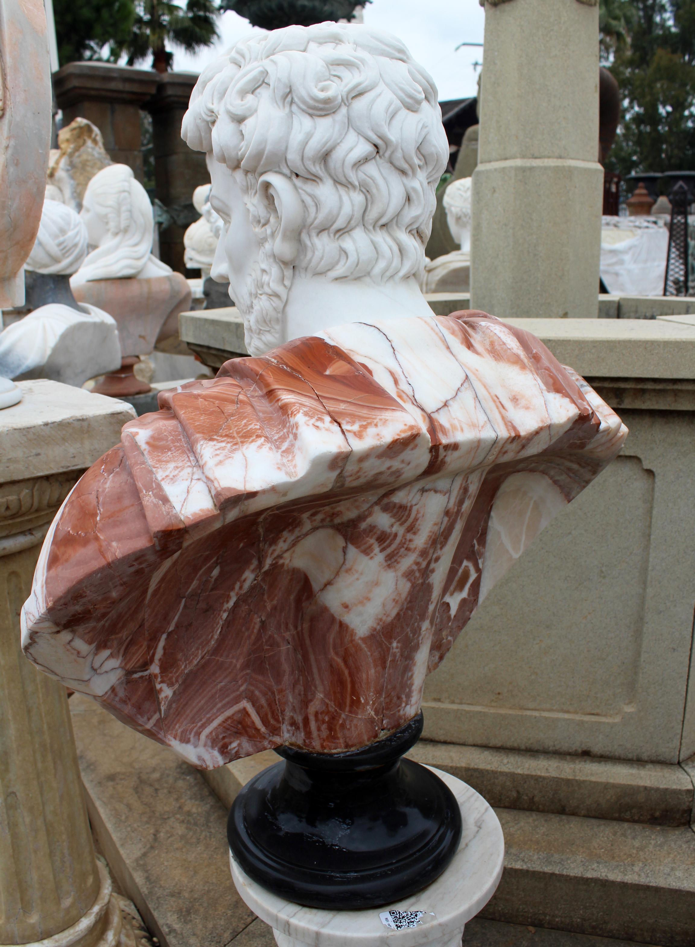 Classical Roman 1990s Bust of Roman General Hand Carved in Carrara White and Alicante Red Marble For Sale