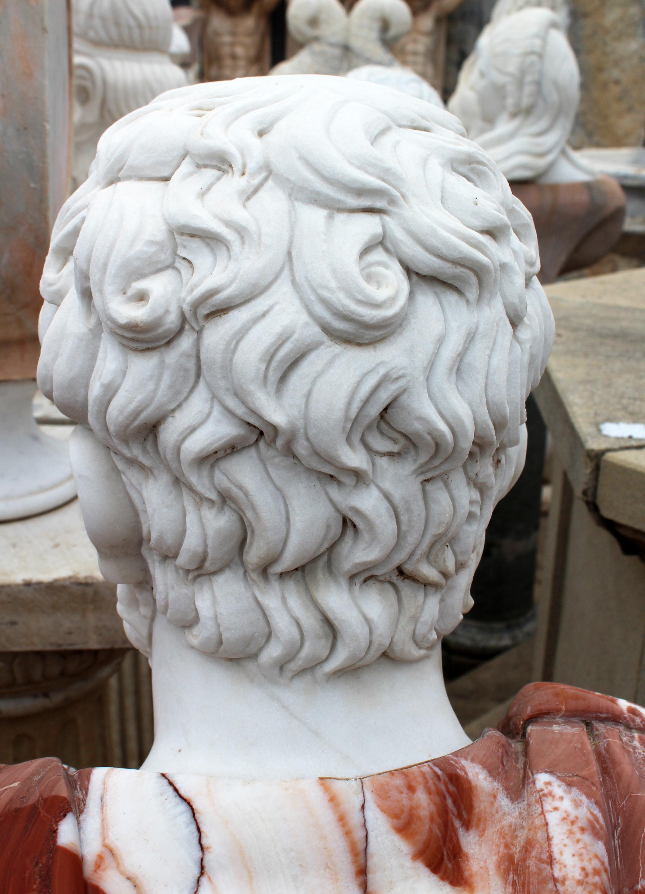 Hand-Carved 1990s Bust of Roman General Hand Carved in Carrara White and Alicante Red Marble For Sale