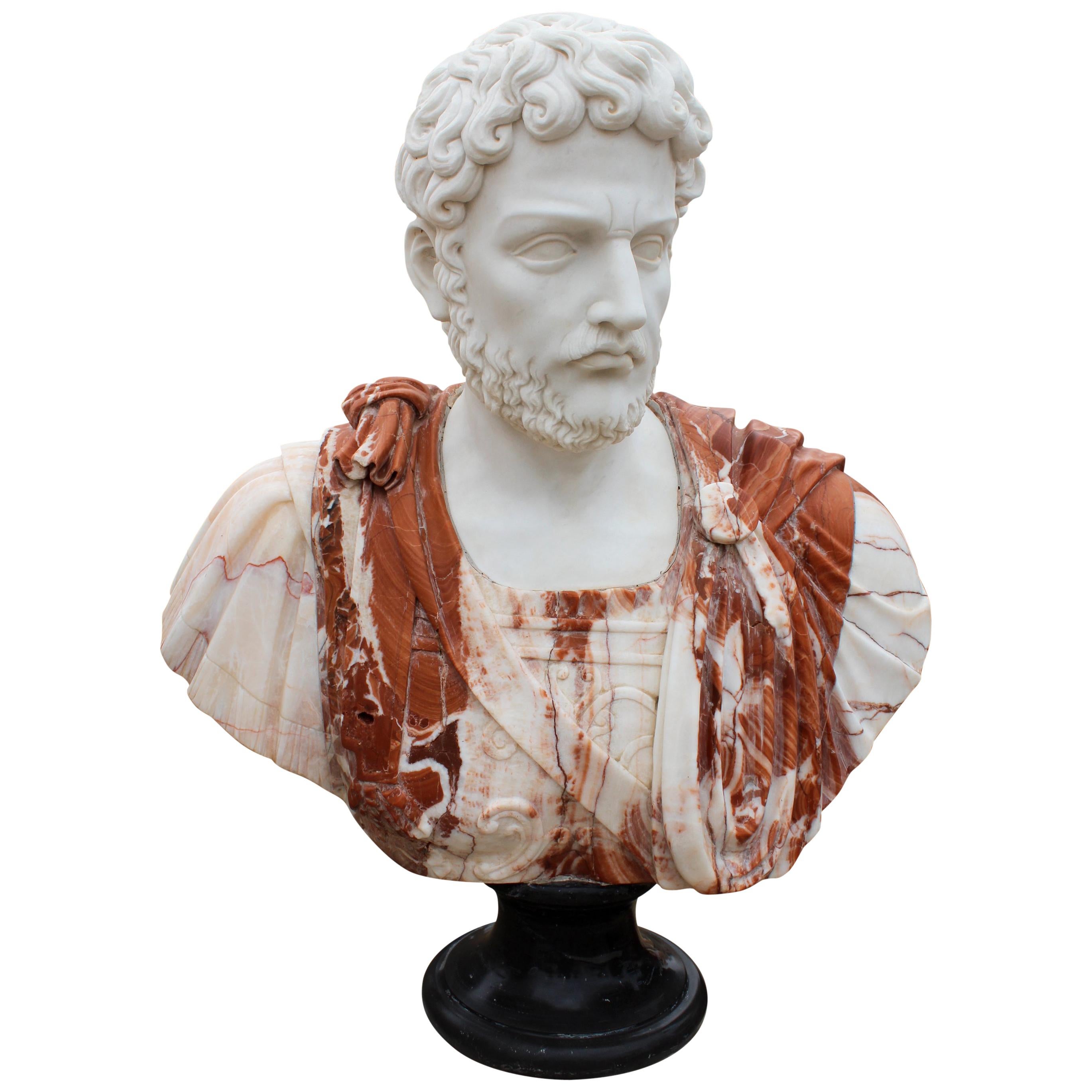 1990s Bust of Roman General Hand Carved in Carrara White and Alicante Red Marble For Sale