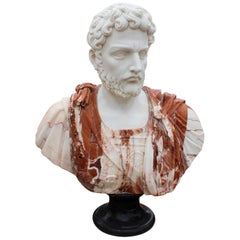 1990s Bust of Roman General Hand Carved in Carrara White and Alicante Red Marble