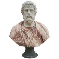 1990s Bust of Roman General Hand Carved in Carrara White and Alicante Red Marble