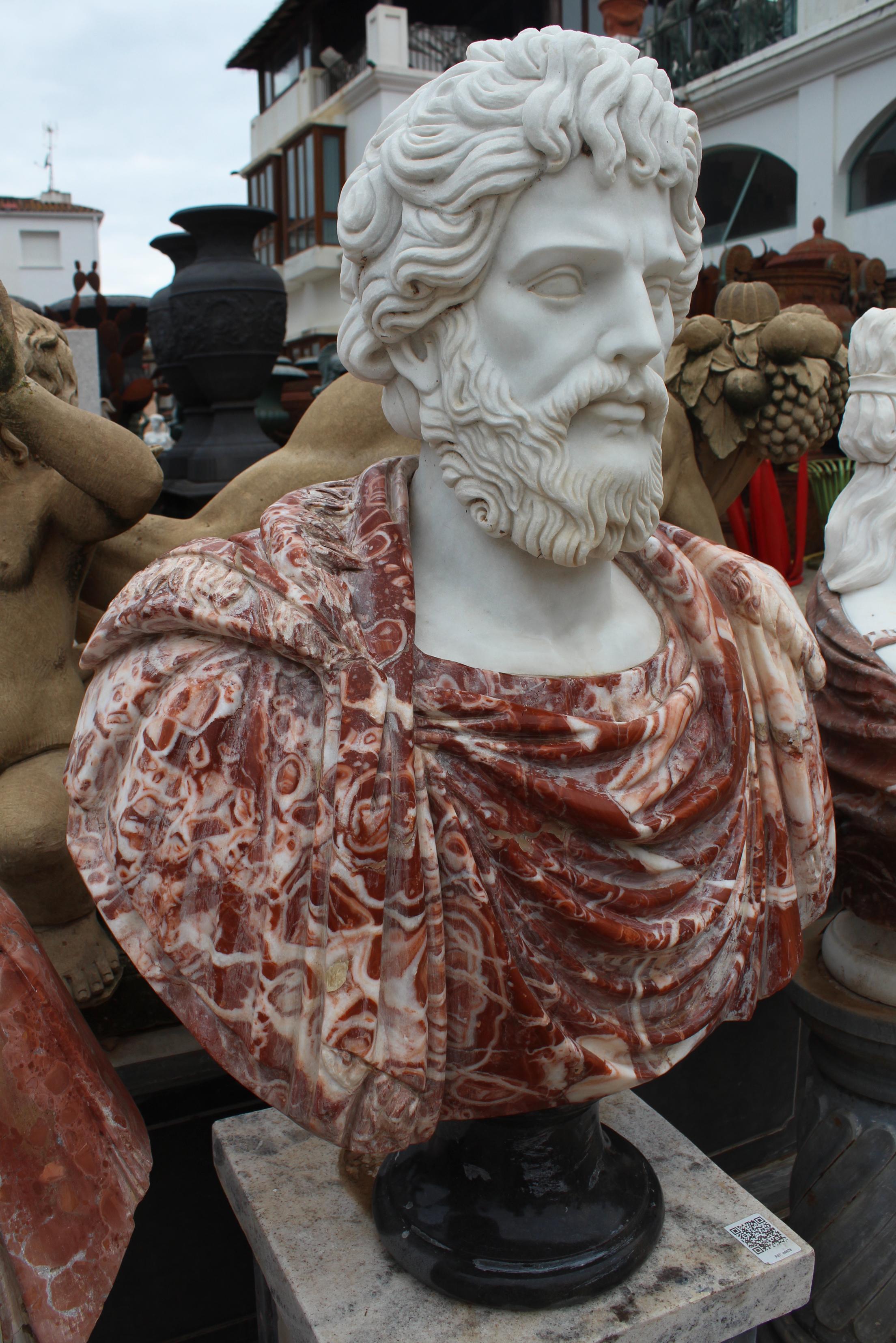 Classical Roman 1990s Bust of Roman Hand Carved in Carrara White and Alicante Red Marble For Sale