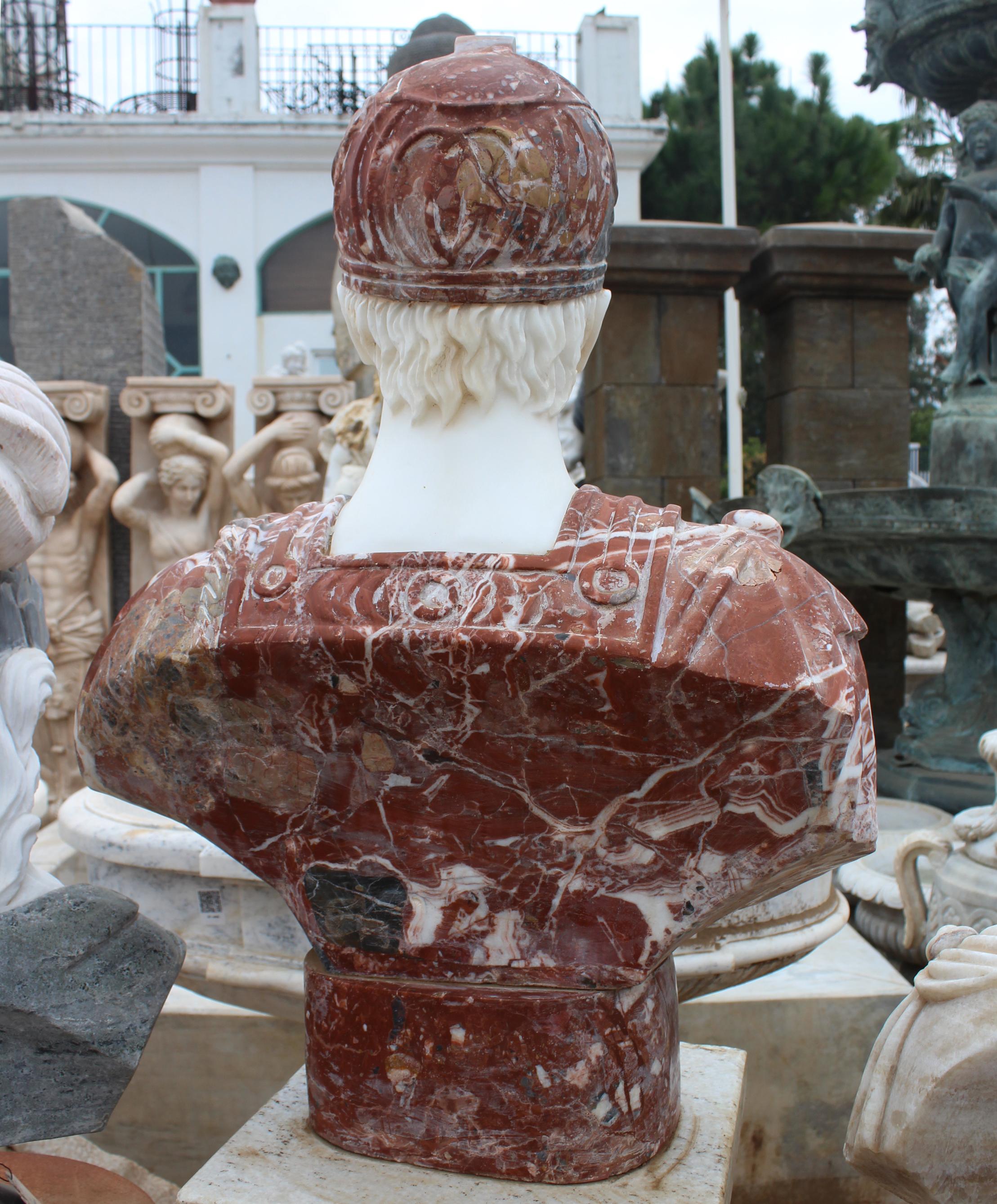 Italian 1990s Bust of Roman Hand Carved in Carrara White and Alicante Red Marble For Sale