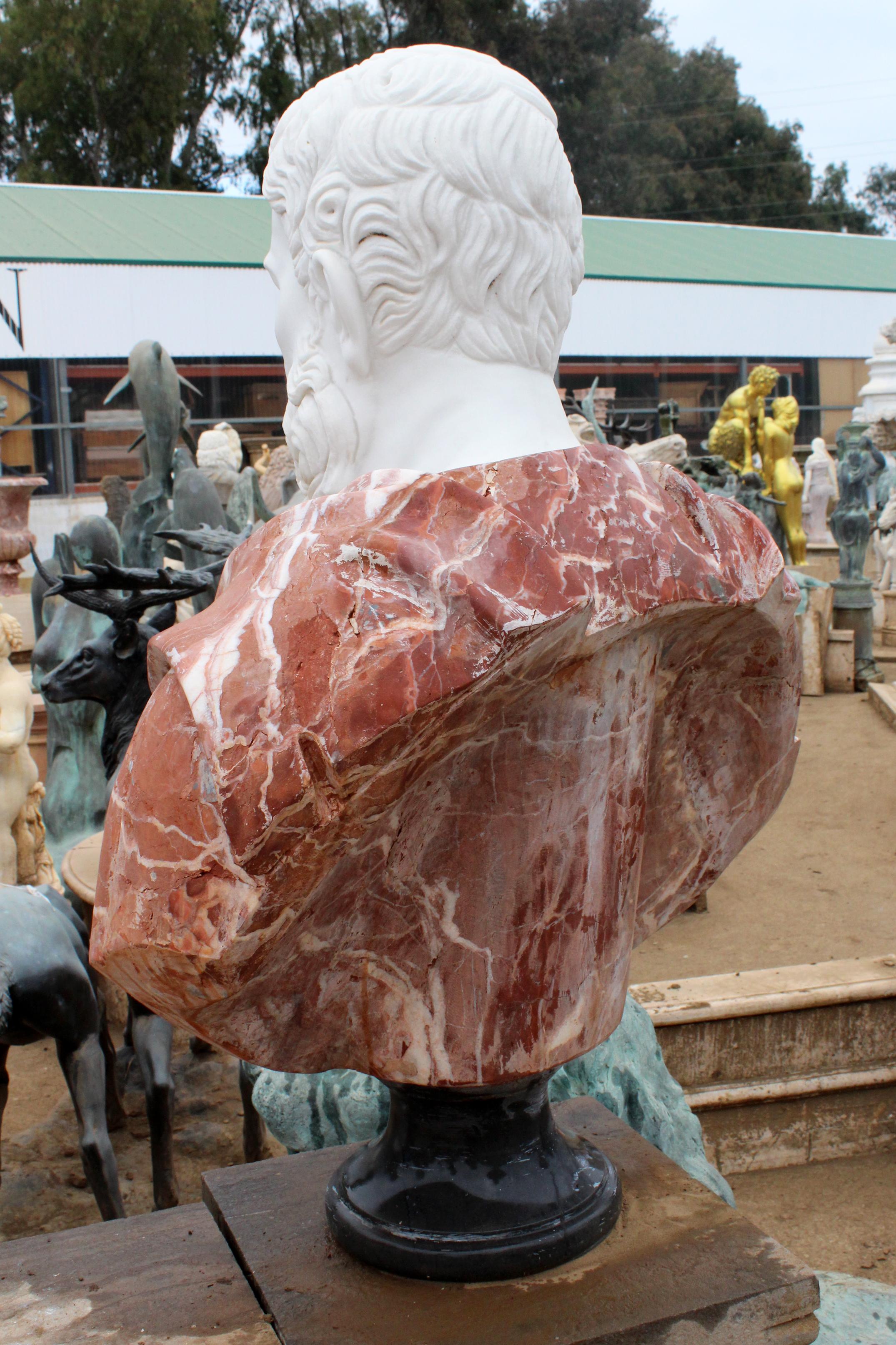 Classical Roman 1990s Bust of Roman Hand Carved in Carrara White and Alicante Red Marble For Sale