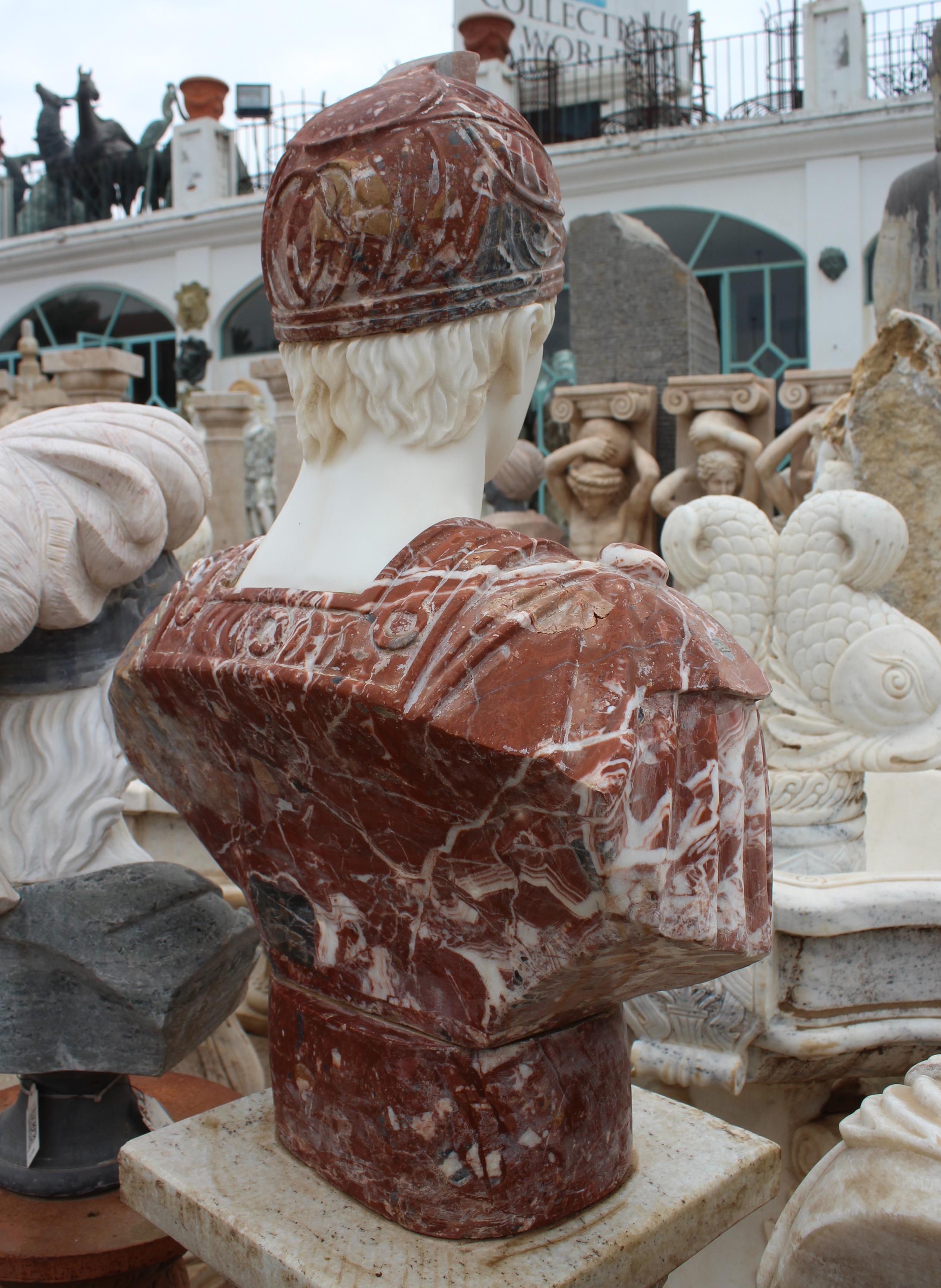Hand-Carved 1990s Bust of Roman Hand Carved in Carrara White and Alicante Red Marble For Sale
