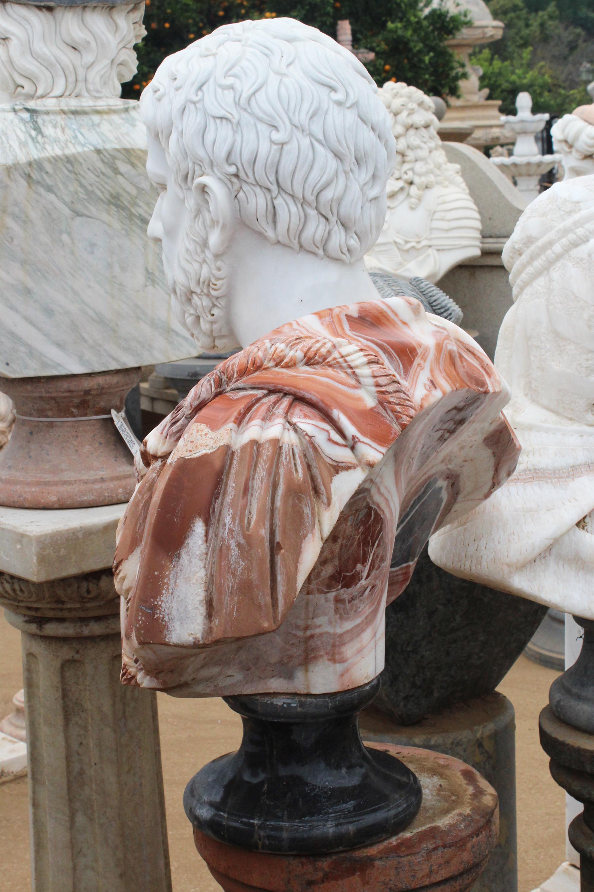 1990s Bust of Roman Hand Carved in Carrara White and Alicante Red Marble 1