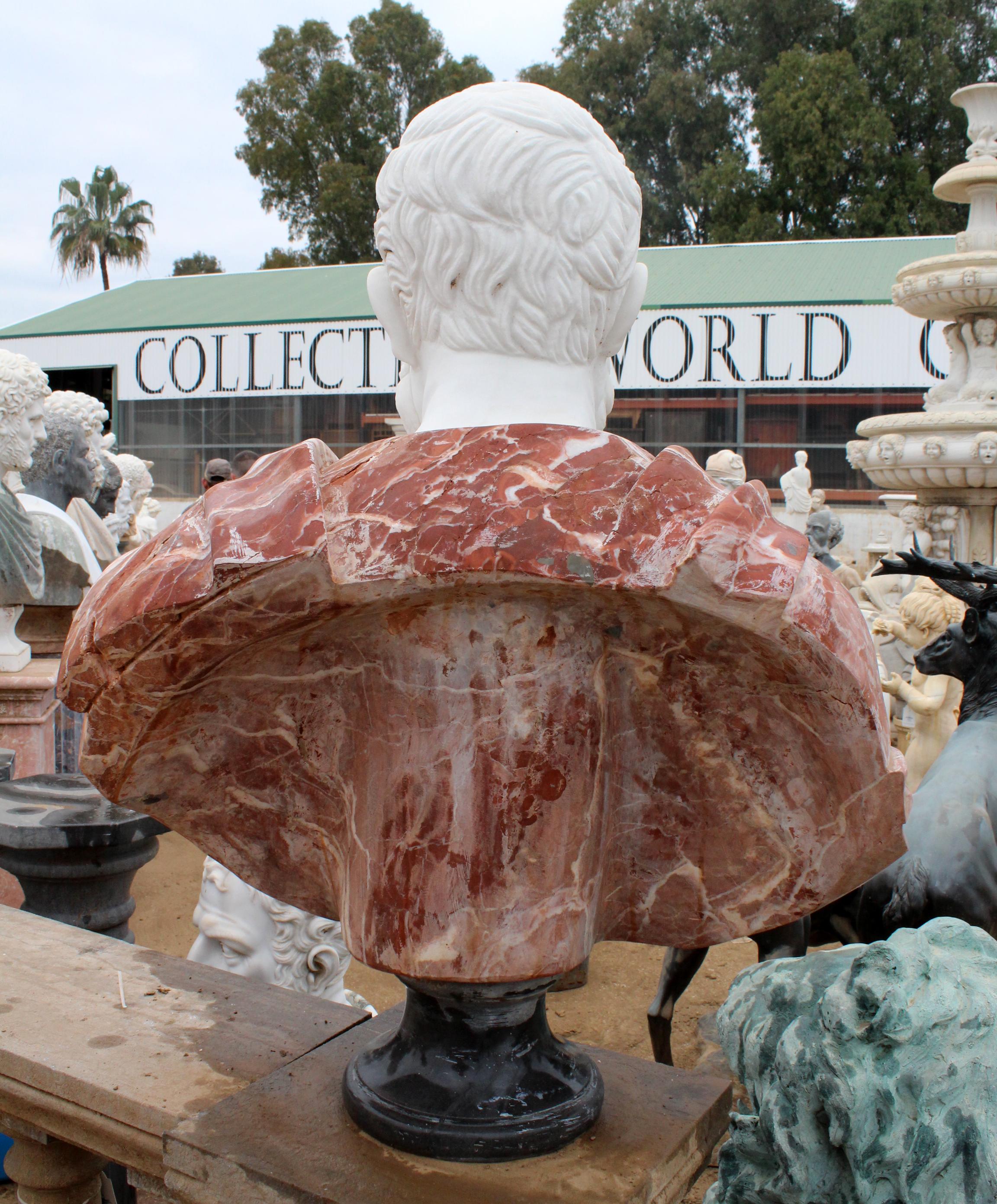 Italian 1990s Bust of Roman Hand Carved in Carrara White and Alicante Red Marble For Sale