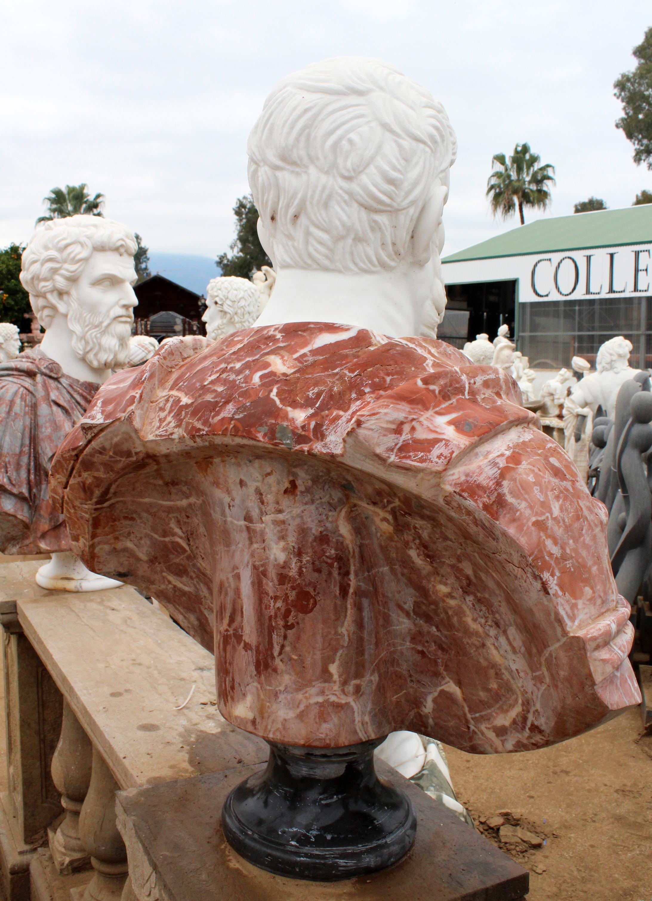 Hand-Carved 1990s Bust of Roman Hand Carved in Carrara White and Alicante Red Marble For Sale