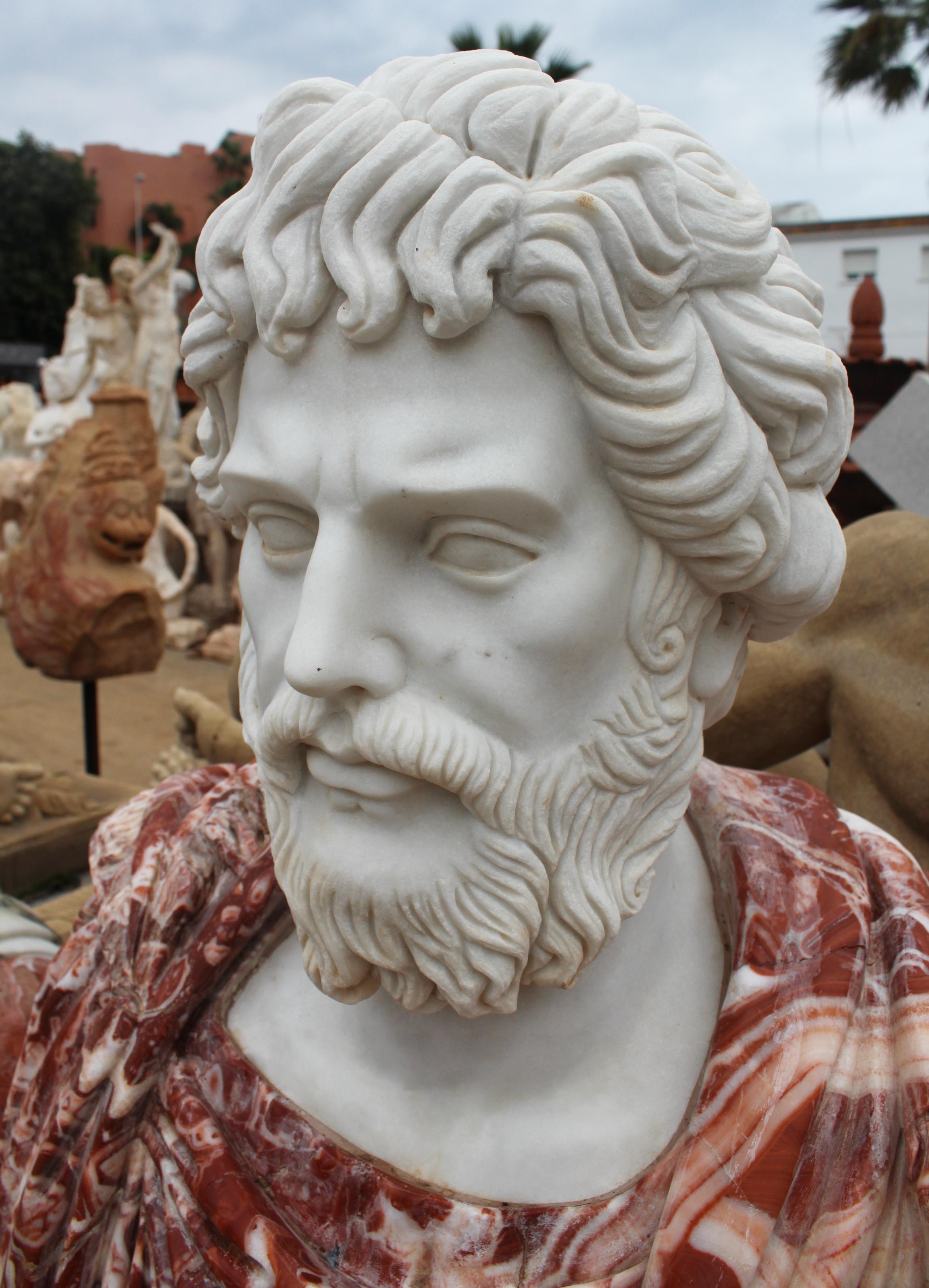 1990s Bust of Roman Hand Carved in Carrara White and Alicante Red Marble For Sale 1