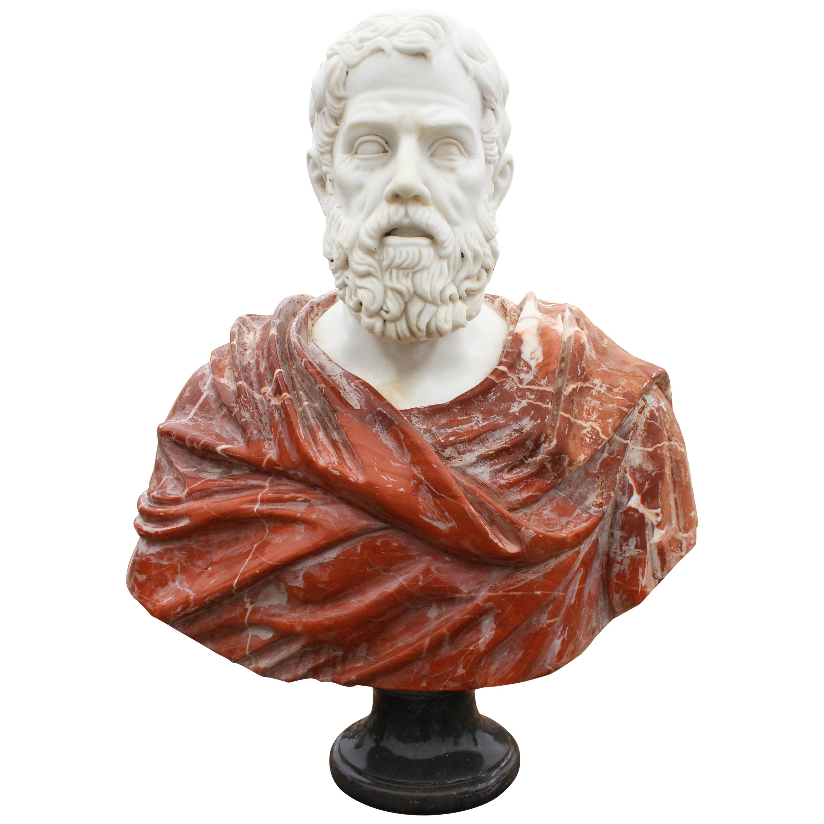 1990s Bust of Roman Hand Carved in Carrara White and Alicante Red Marble