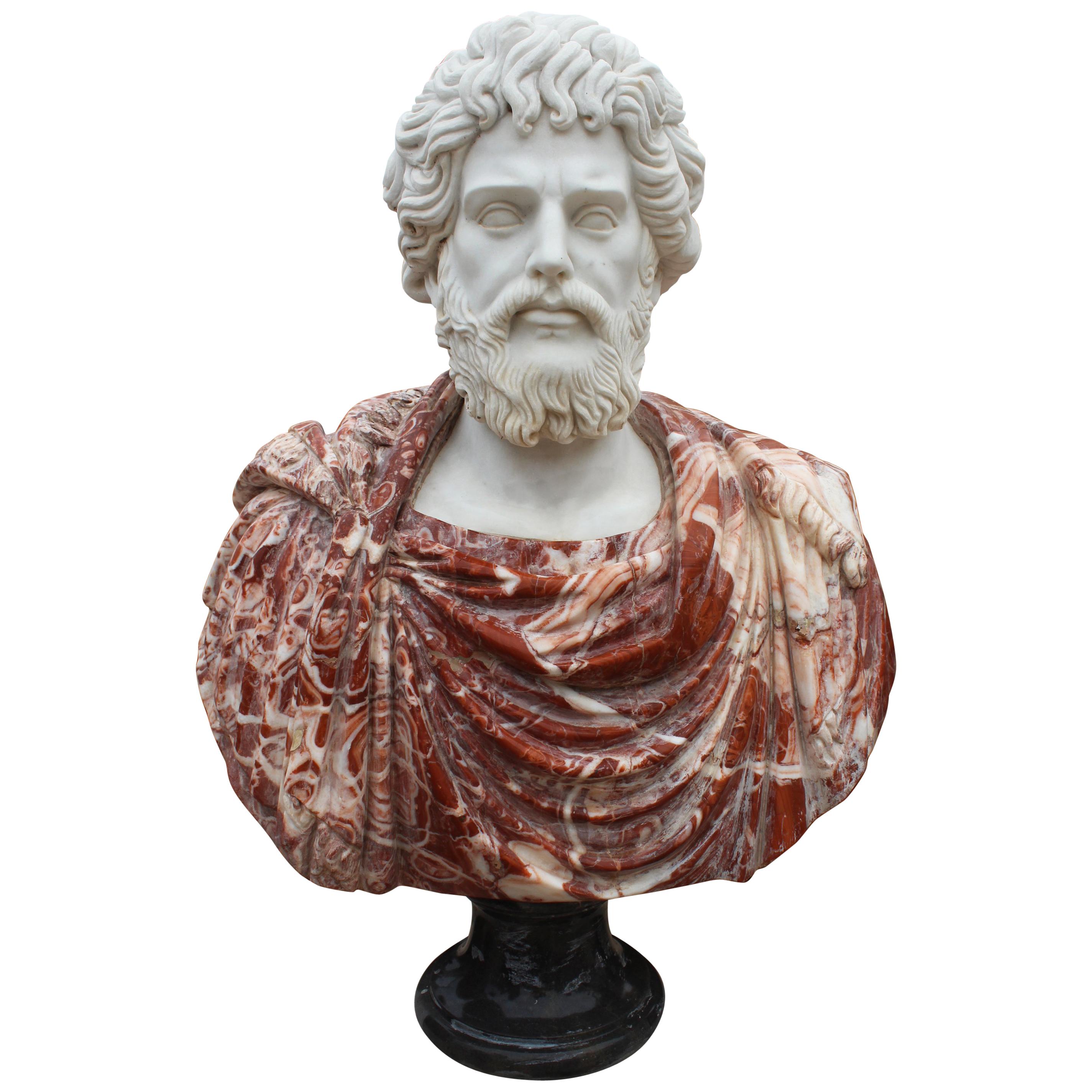 1990s Bust of Roman Hand Carved in Carrara White and Alicante Red Marble For Sale