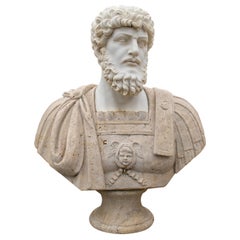 1990s, Bust of Roman Hand Carved in Carrara White and Travertine Marble