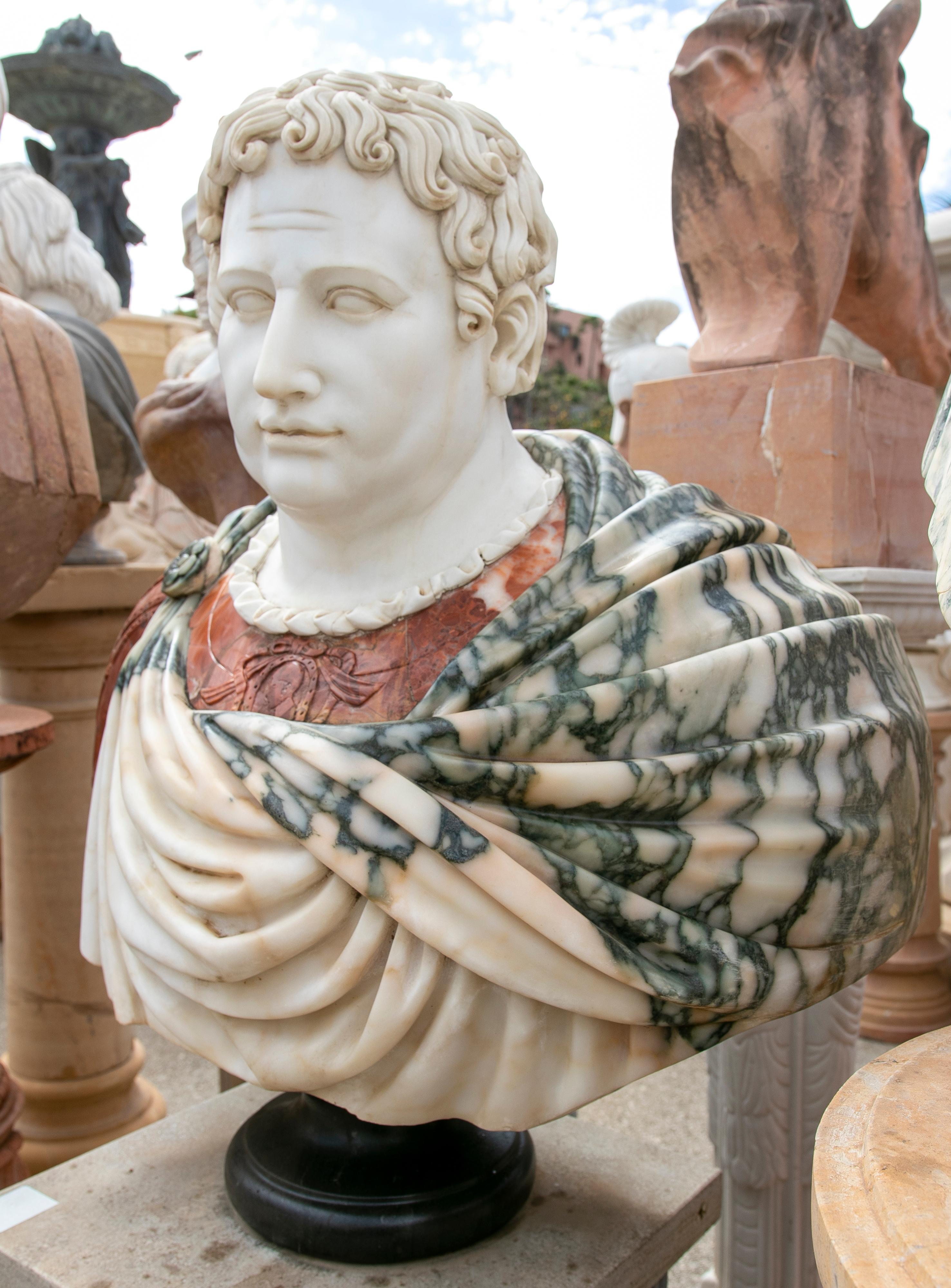 1990s Bust of Roman Hand Carved using Different Carrara and Alicante Marbles.