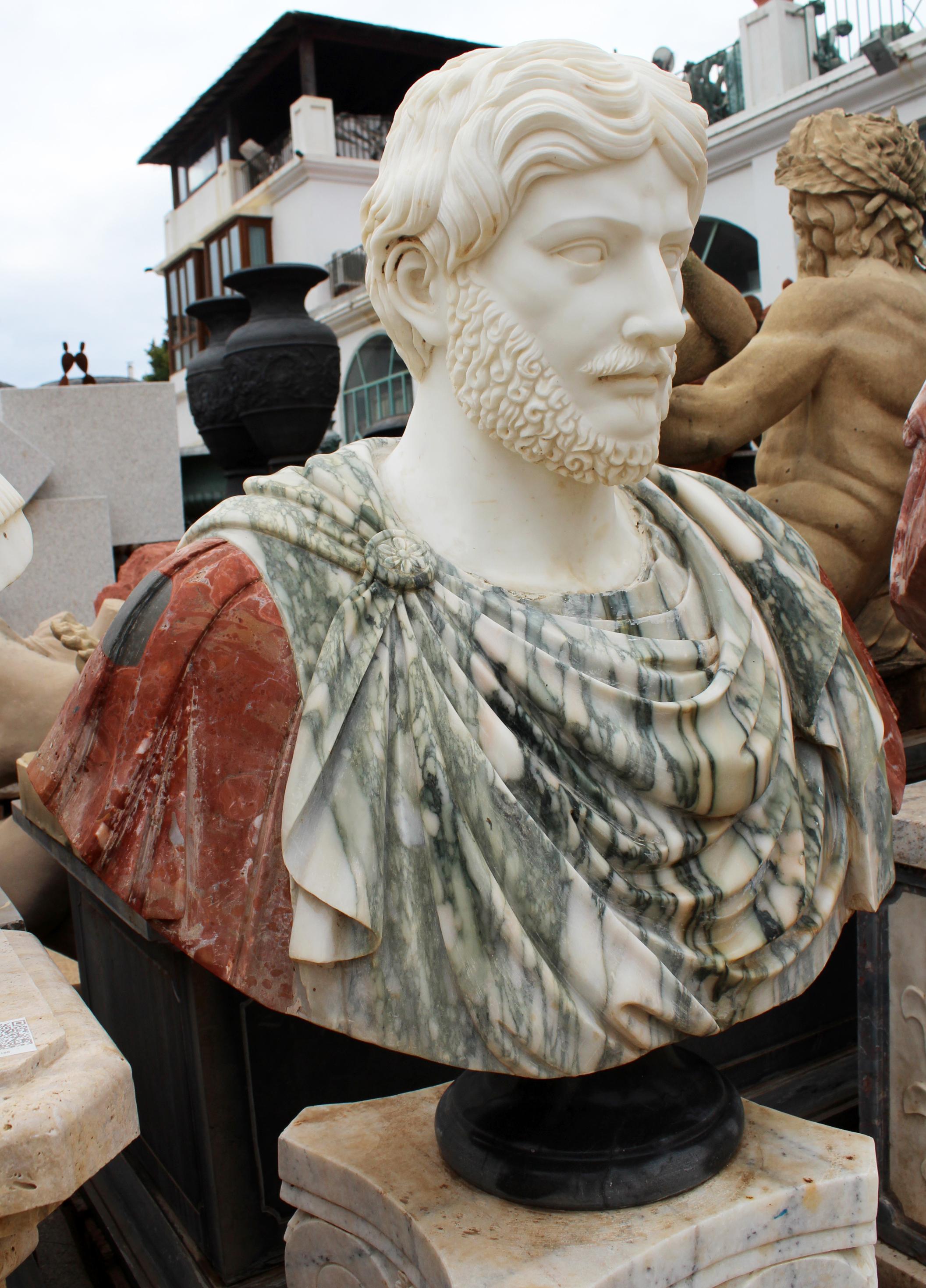 Classical Roman 1990s Bust of Roman Hand Carved using Different Carrara and Alicante Marbles For Sale
