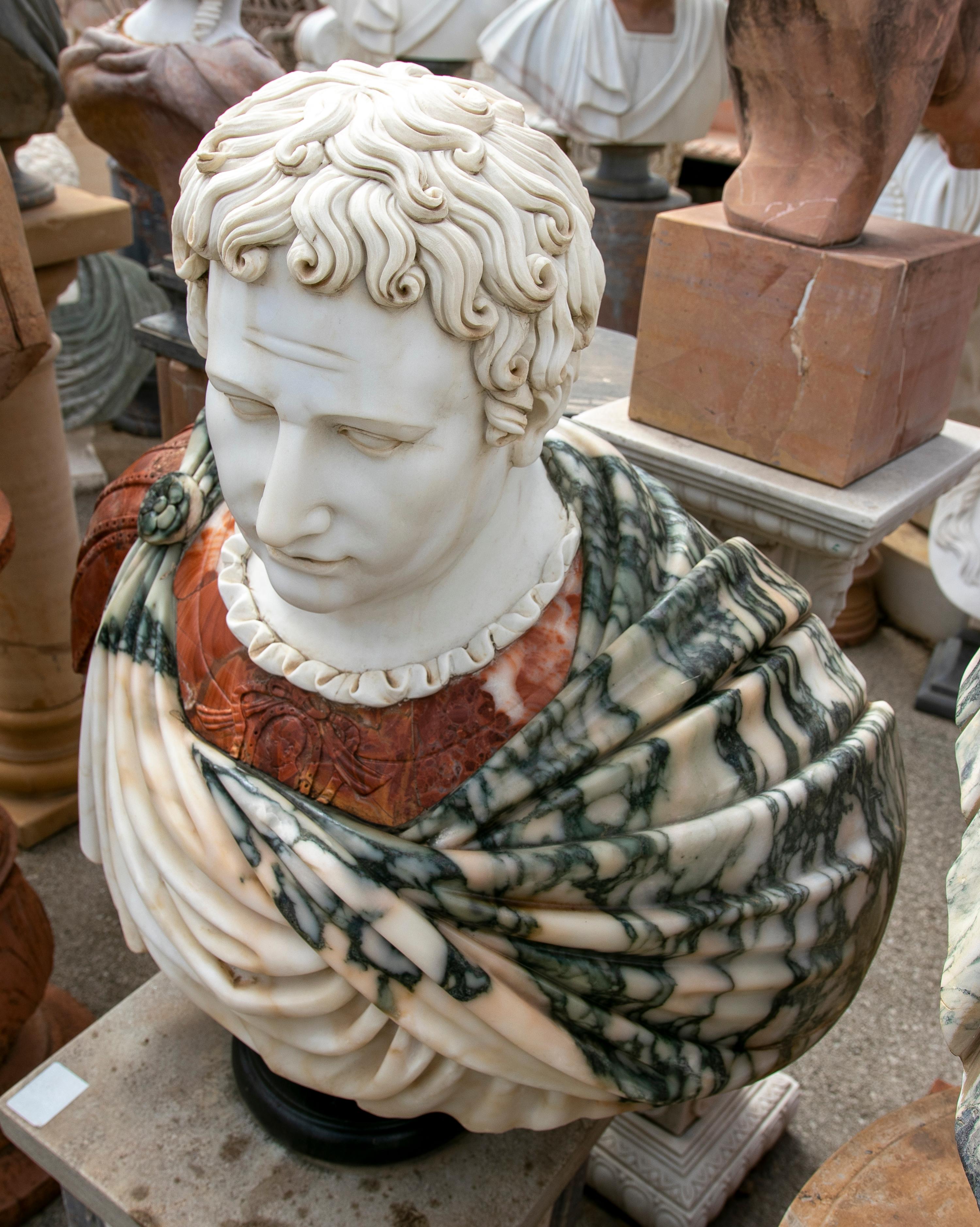 1990s Bust of Roman Hand Carved using Different Carrara and Alicante Marbles In Good Condition In Marbella, ES
