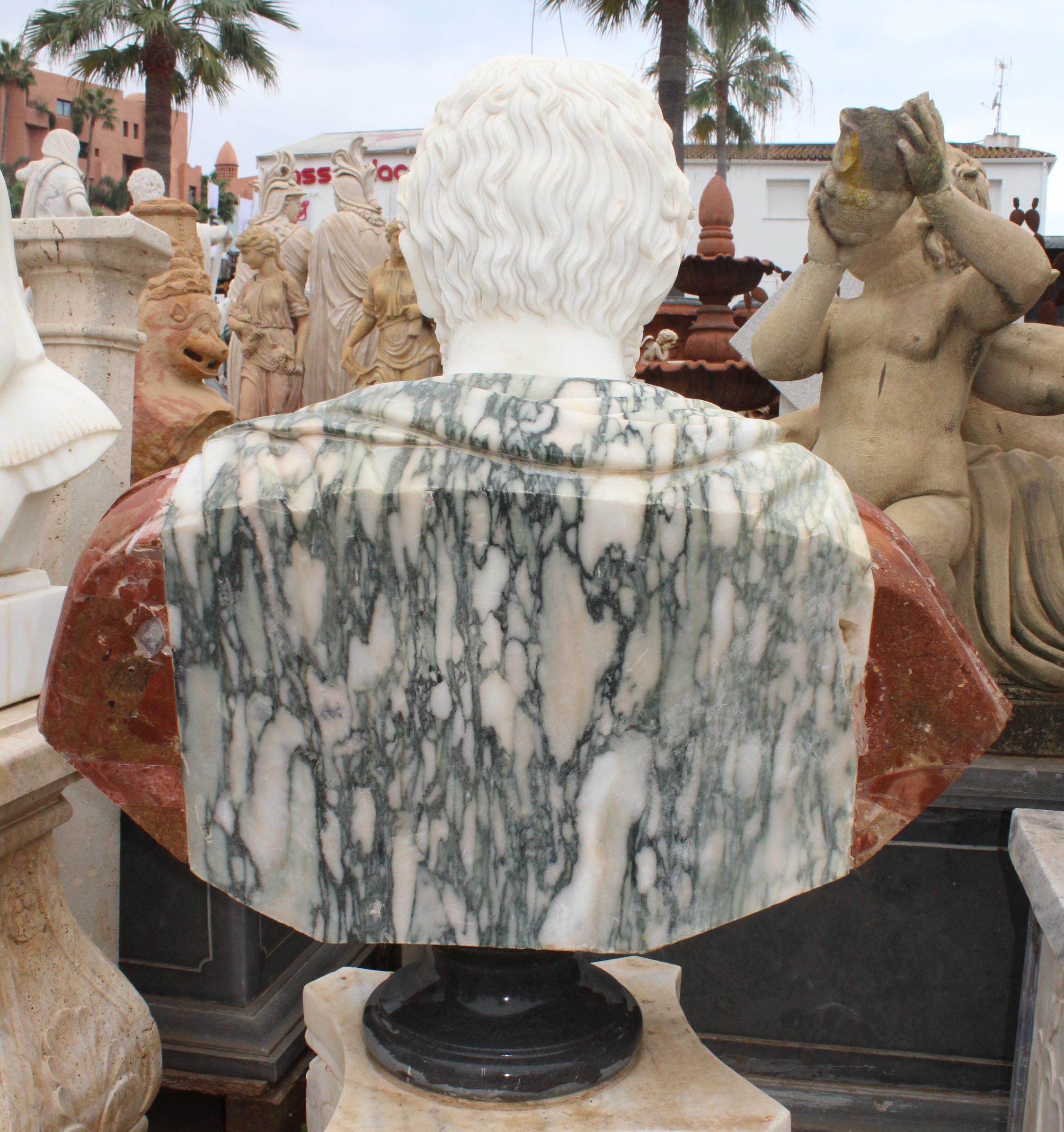Italian 1990s Bust of Roman Hand Carved using Different Carrara and Alicante Marbles For Sale