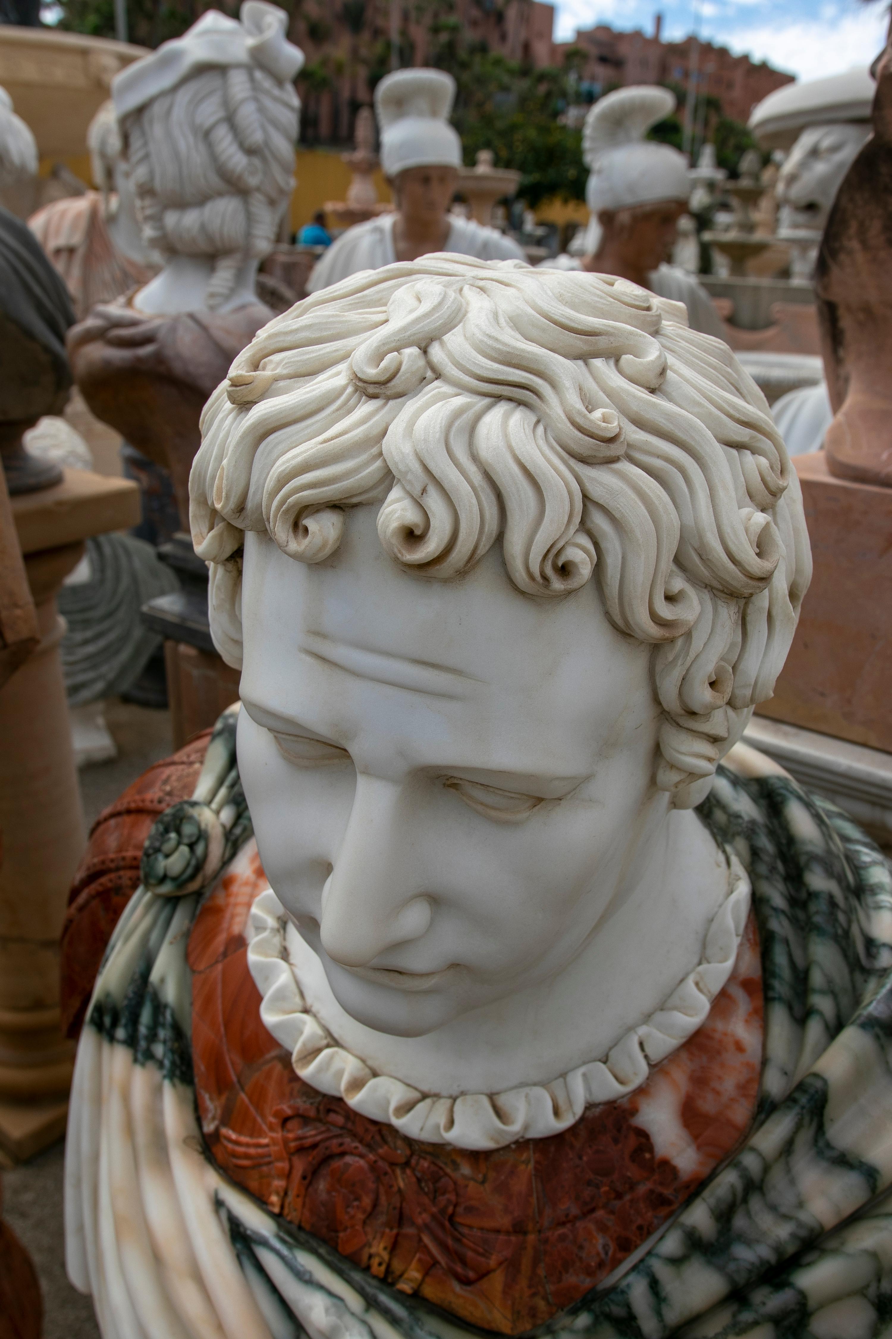 Late 20th Century 1990s Bust of Roman Hand Carved using Different Carrara and Alicante Marbles