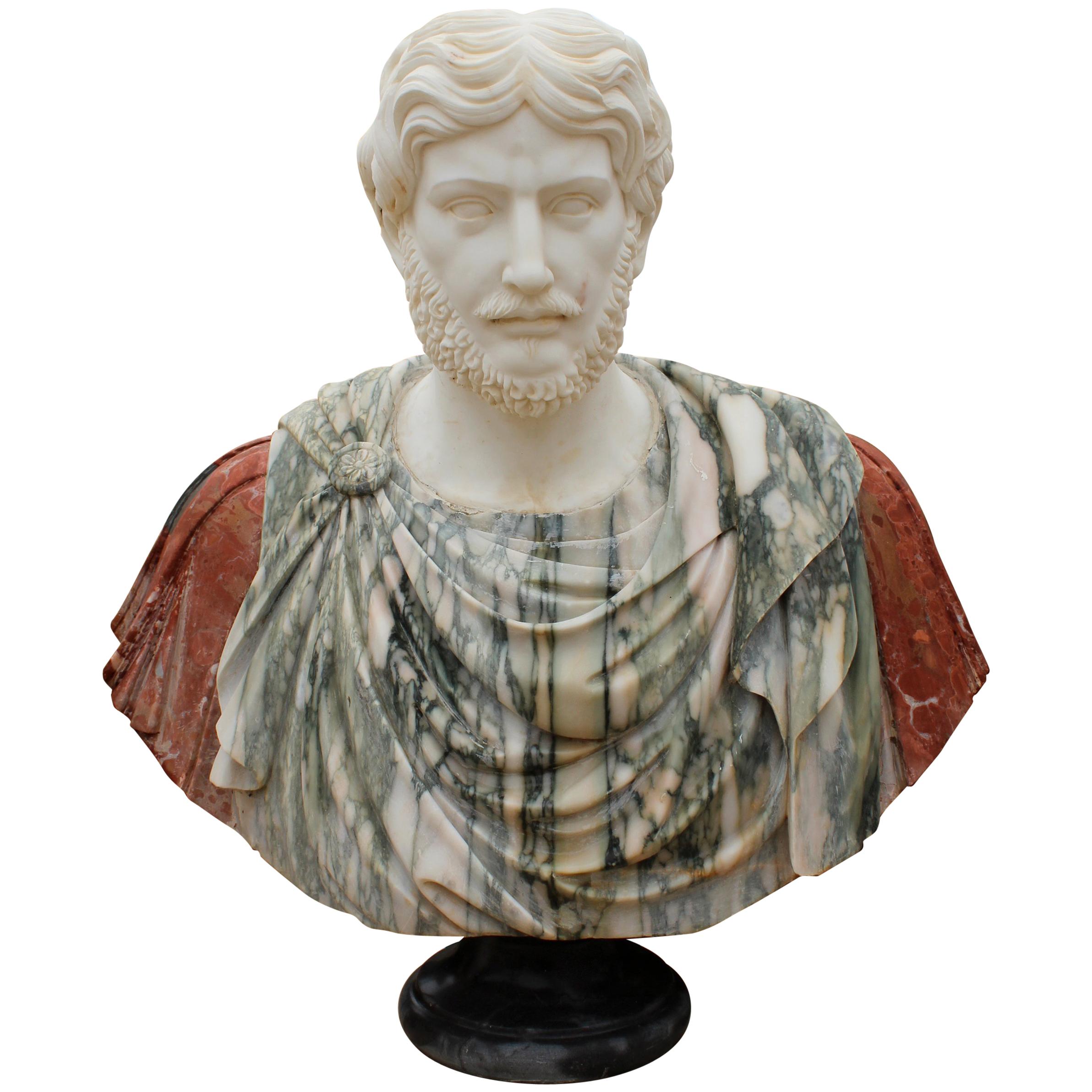 1990s Bust of Roman Hand Carved using Different Carrara and Alicante Marbles