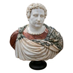 1990s Bust of Roman Hand Carved using Different Carrara and Alicante Marbles 1990s Bust of Roman Hand Carved using Different Carrara and Alicante Marbles