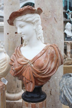 1990s Bust of Woman Hand Carved in Carrara White and Alicante Red Marble