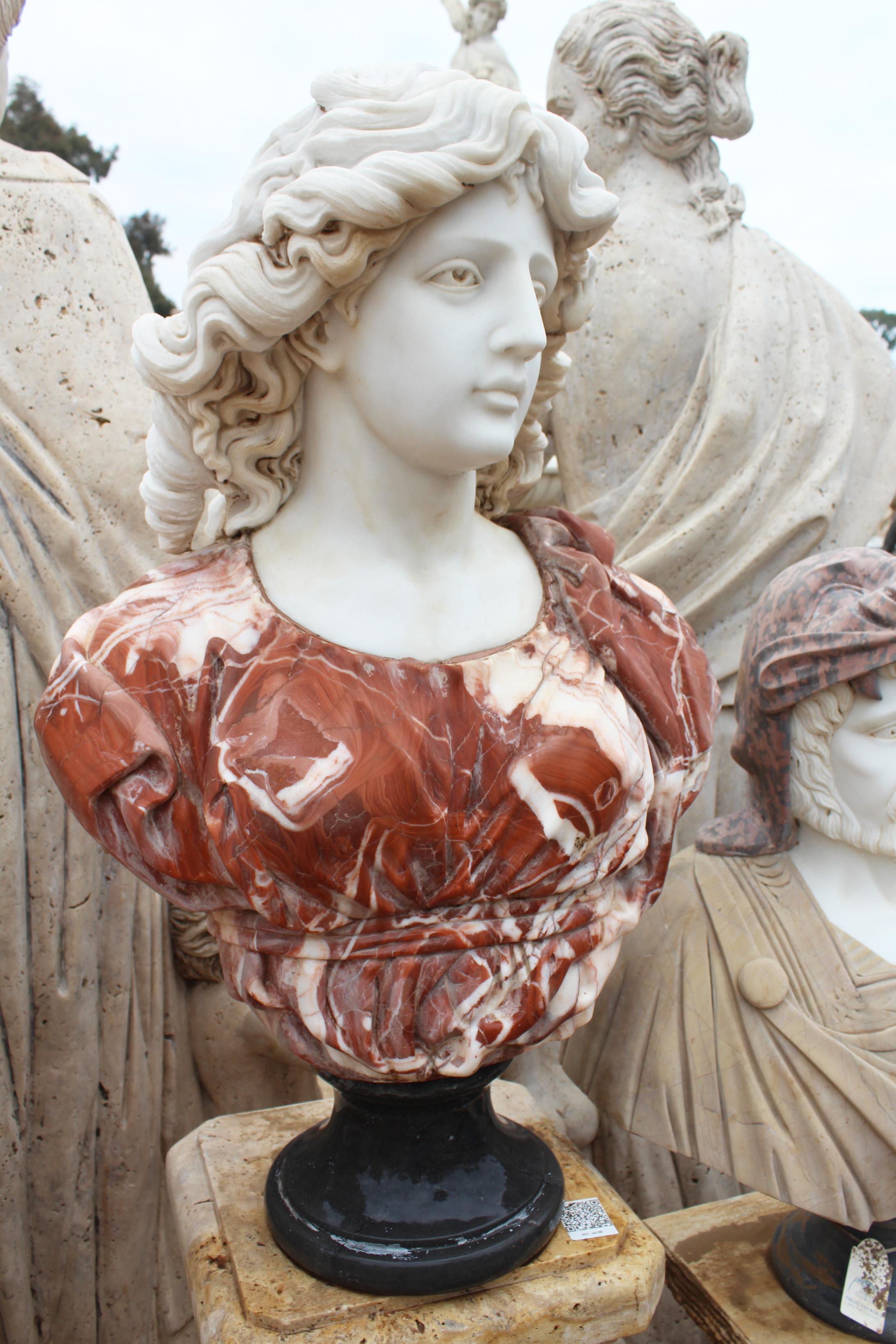 Italian 1990s Bust of Woman Hand Carved in Carrara White and Alicante Red Marble For Sale