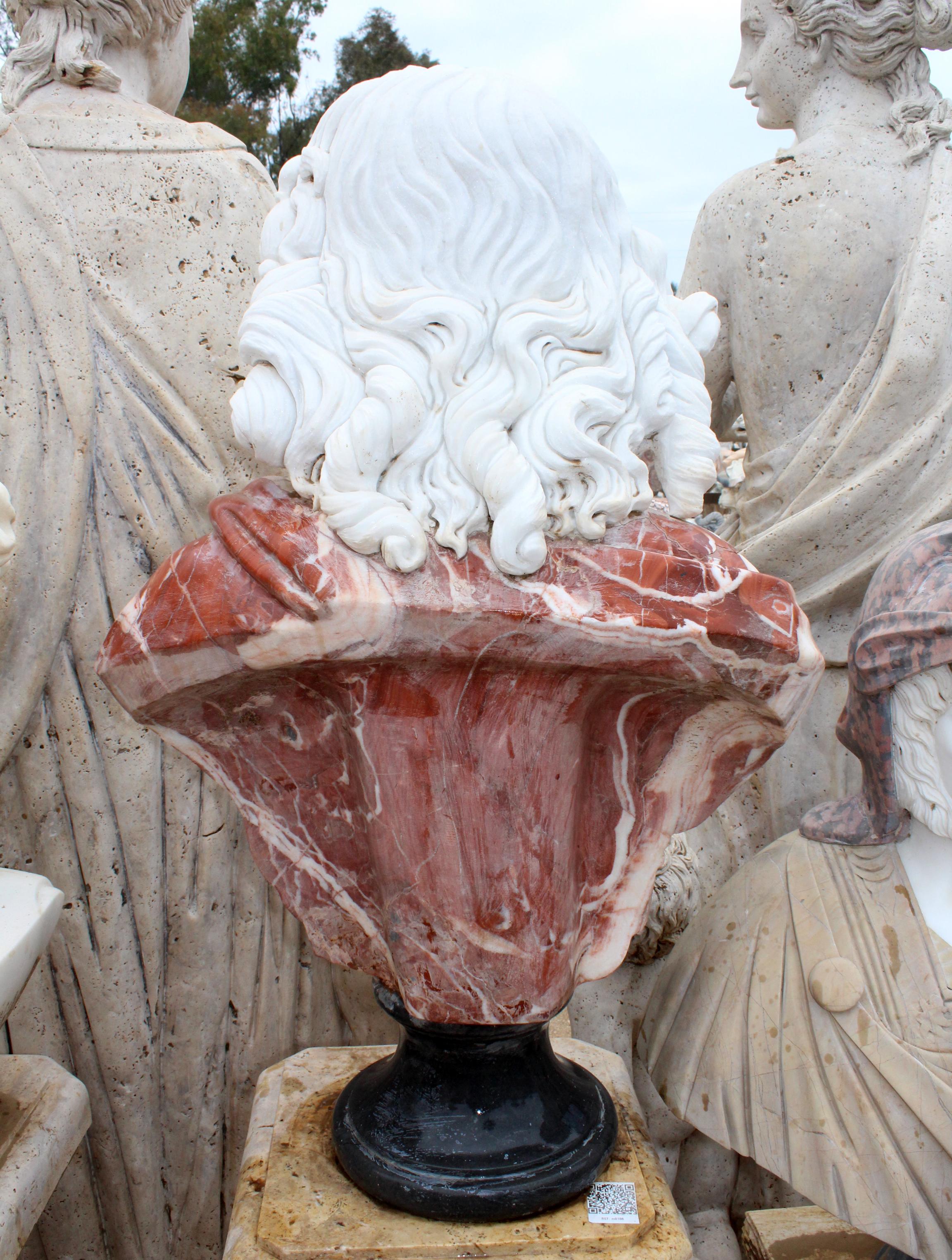 Hand-Carved 1990s Bust of Woman Hand Carved in Carrara White and Alicante Red Marble For Sale