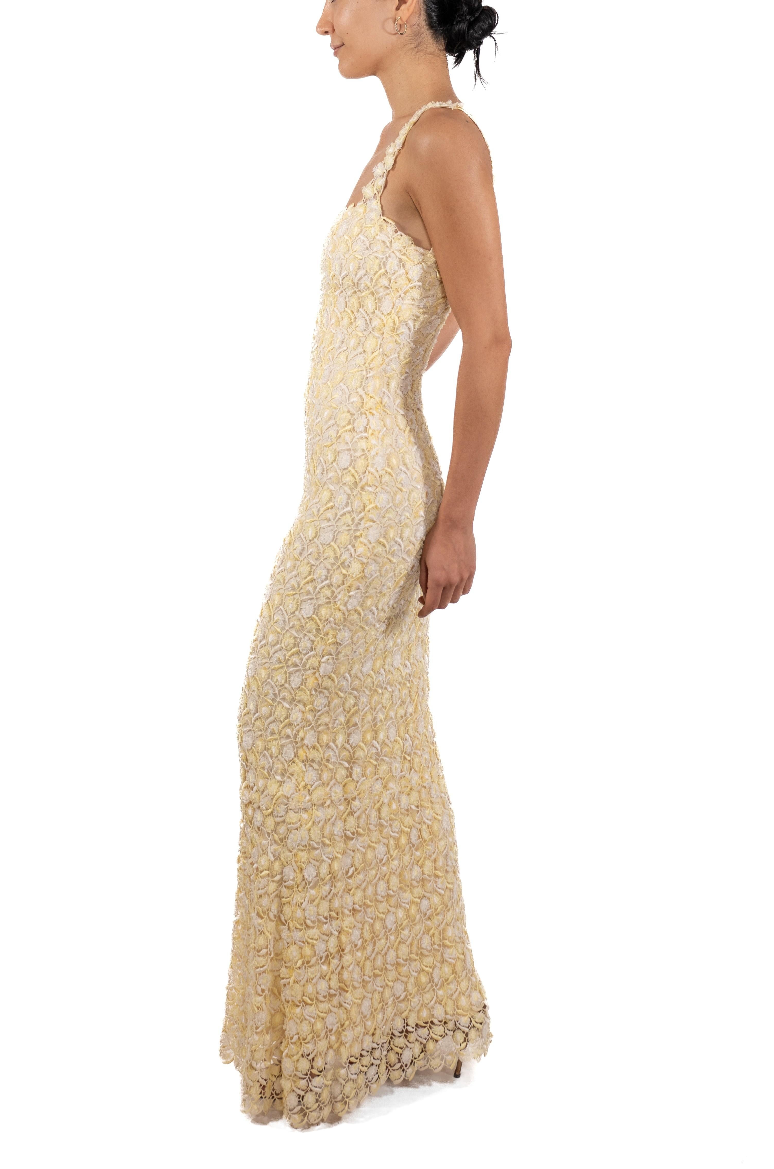 Beige 1990S Butter Yellow & White Rayon/Lurex Lace Gown Lined In Silk For Sale