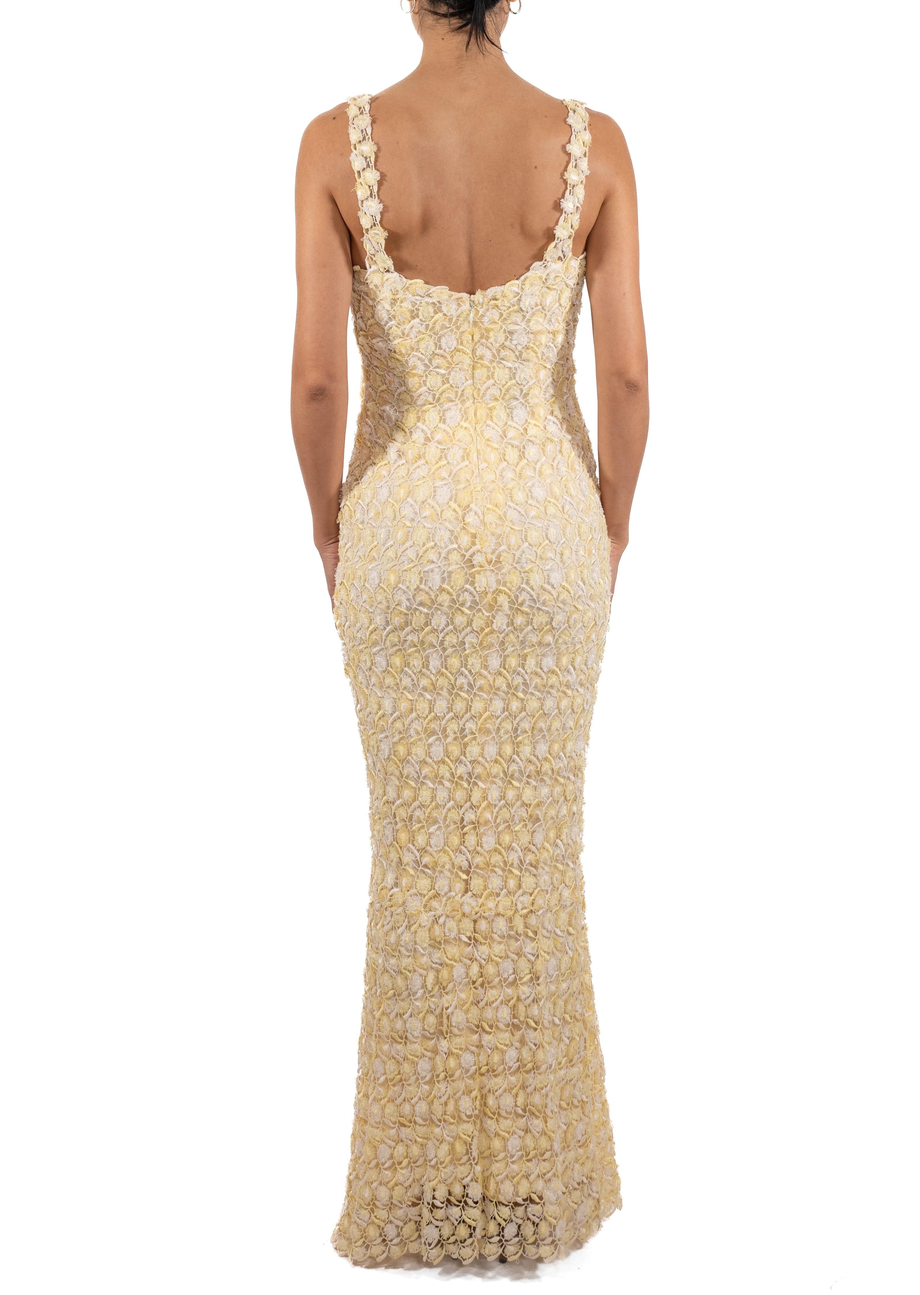 Women's 1990S Butter Yellow & White Rayon/Lurex Lace Gown Lined In Silk For Sale